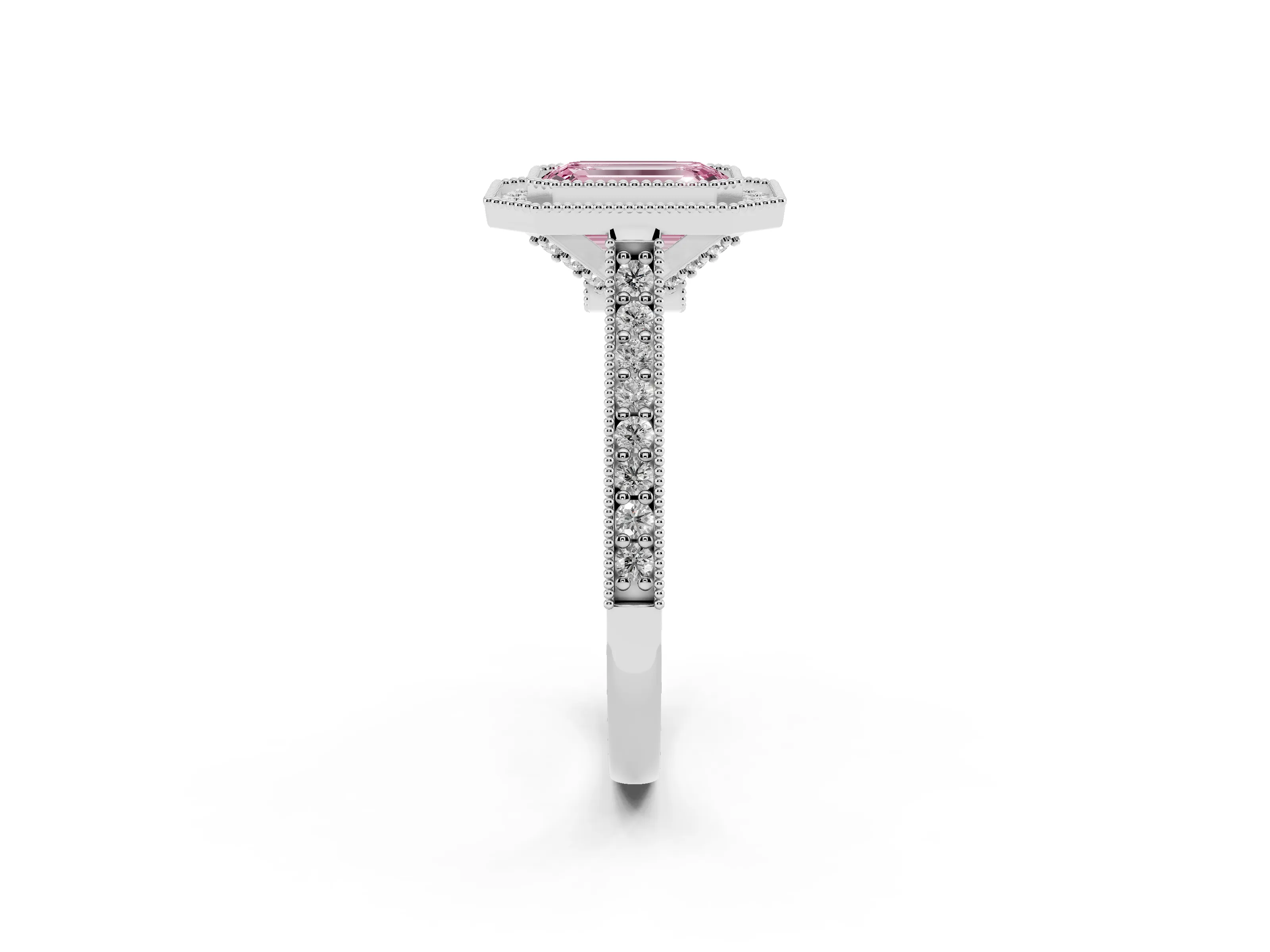 Fancy Pink Emerald Cut Diamond Halo Milgrain Pavé Band Ring Set in Platinum with Prong Setting