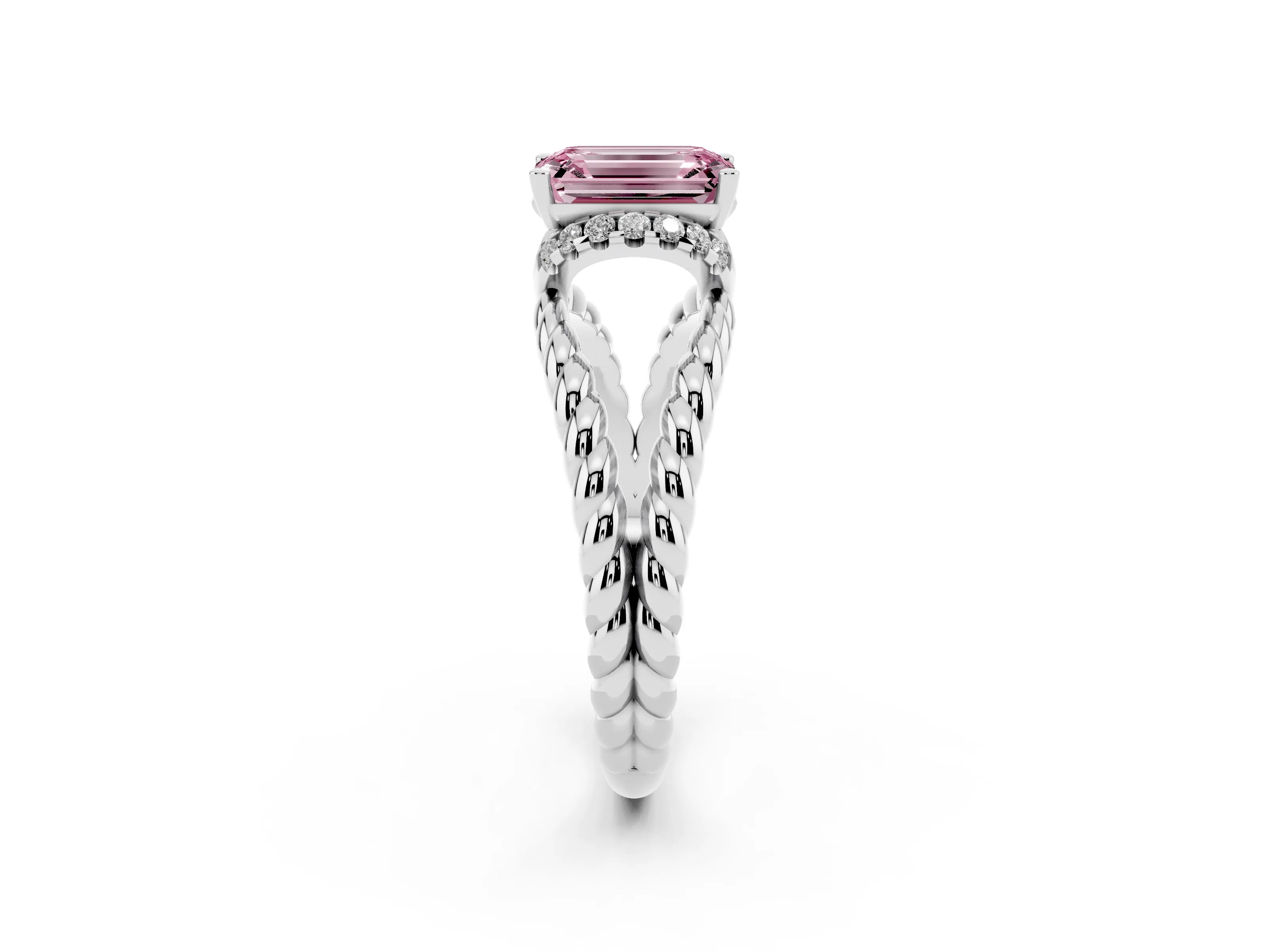 Fancy Pink Emerald Cut Diamond Halo Ring Set in White gold with Twisted Band and Prong Setting