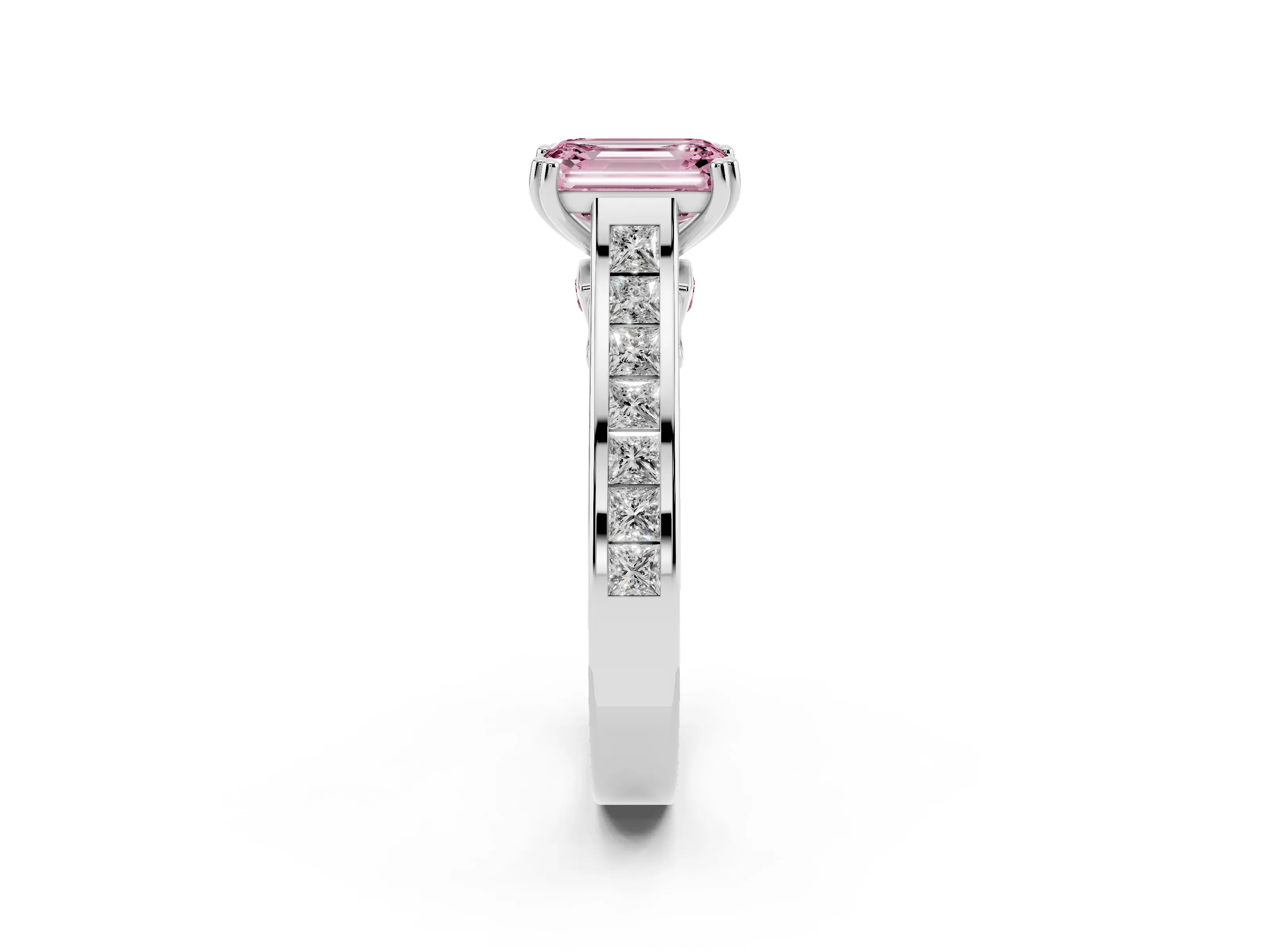 Fancy Pink Emerald Cut Diamond Channel Set Solitaire Engagement Ring Set in Silver with Prong Setting