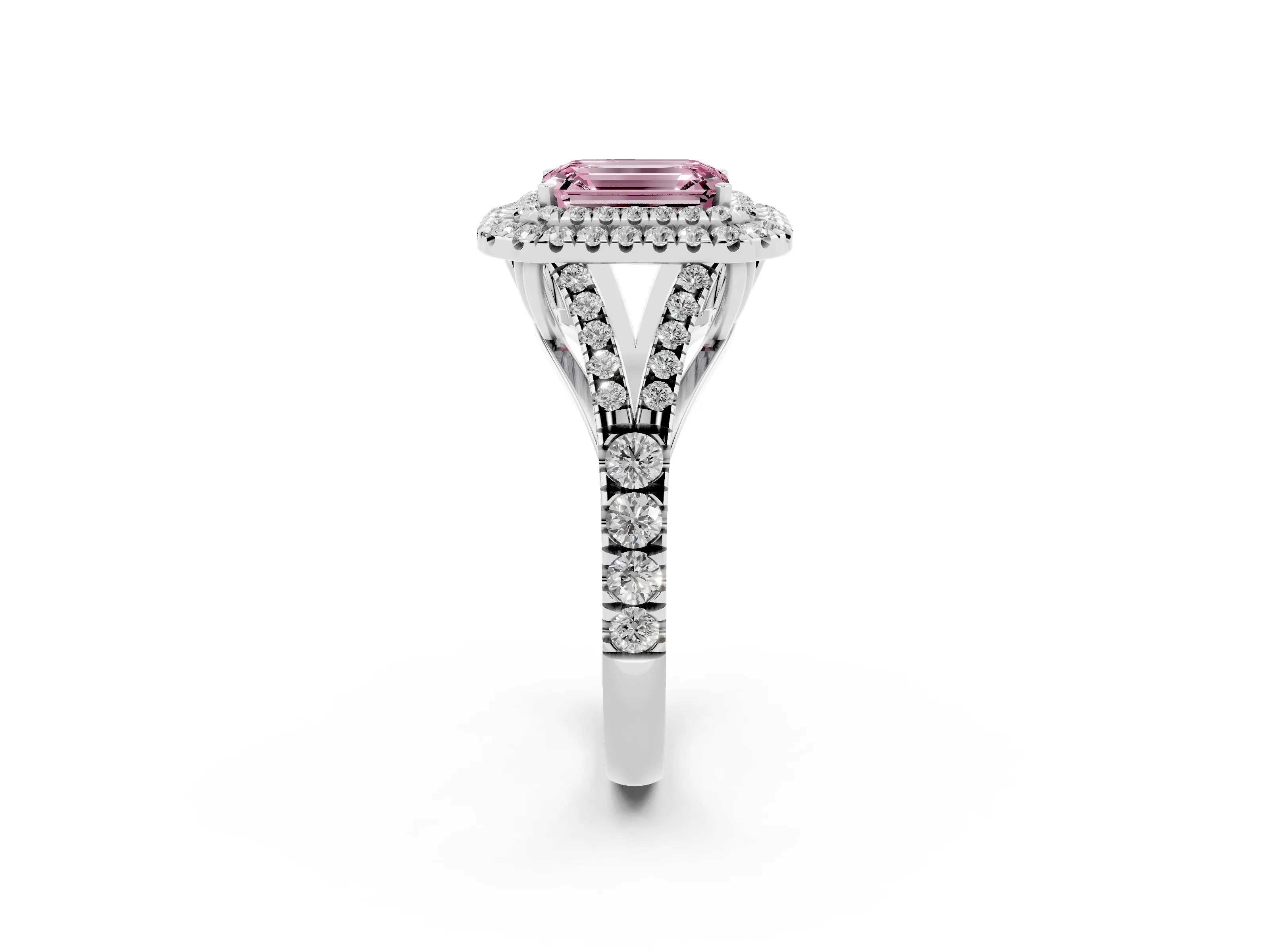 Fancy Pink Emerald Cut Diamond Pavé Split Shank Double Halo Engagement Ring Set in Silver