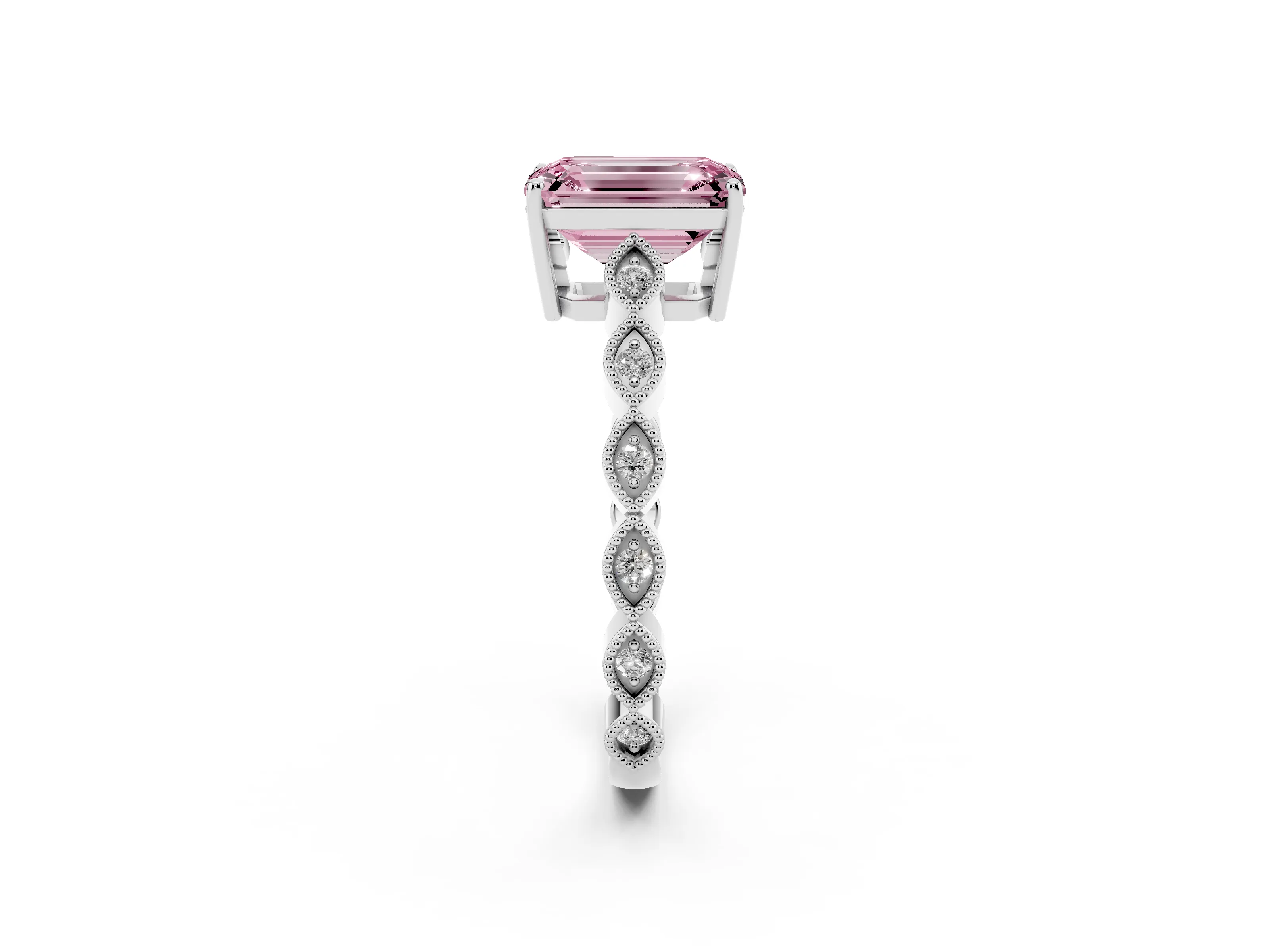 Fancy Pink Emerald Cut Diamond Solitaire Ring Set in Silver with Infinity Twist Pavé Band