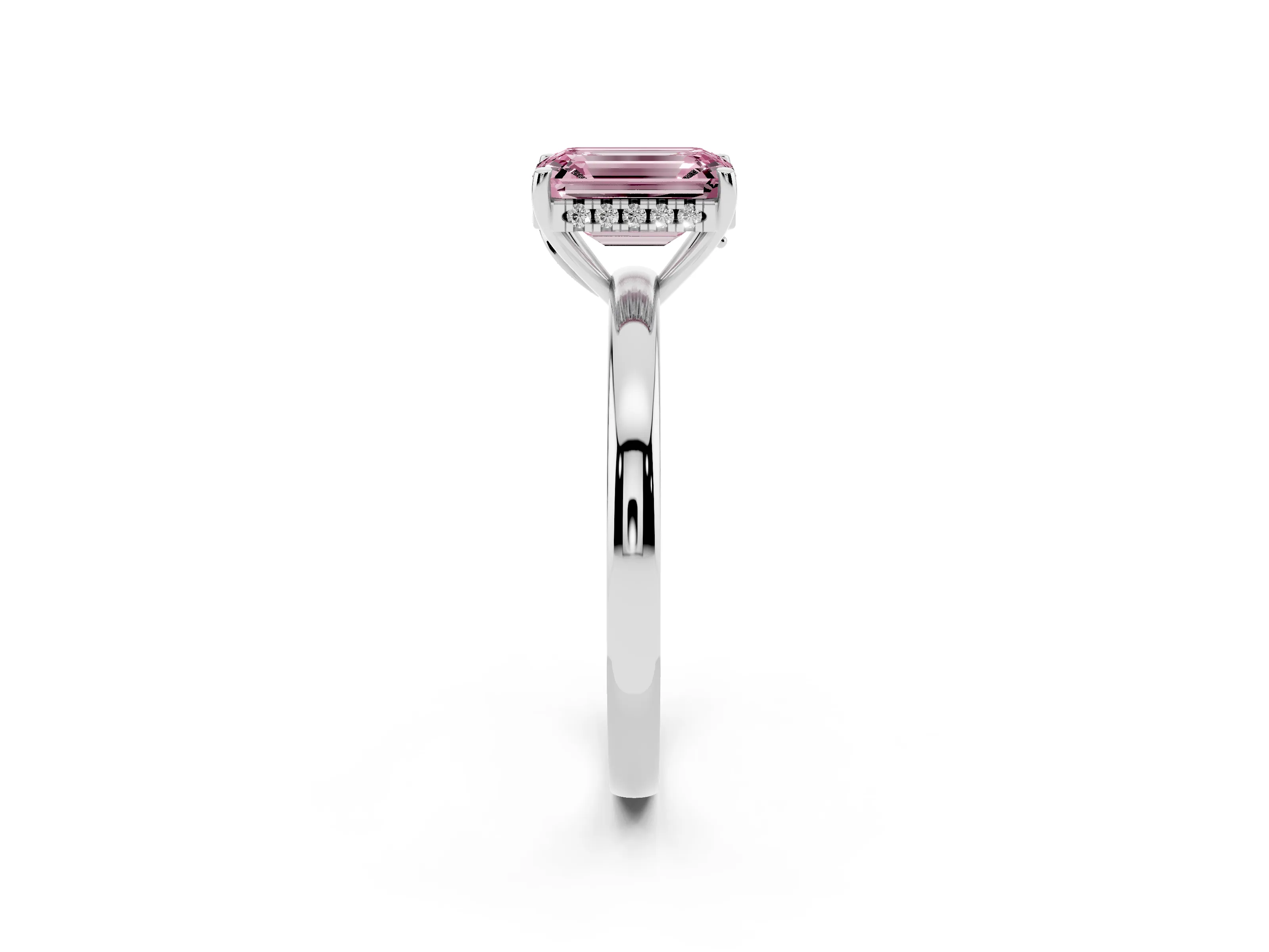 Fancy Pink Emerald Cut Diamond Solitaire Ring Set in Silver with Plain Band and Prong Setting