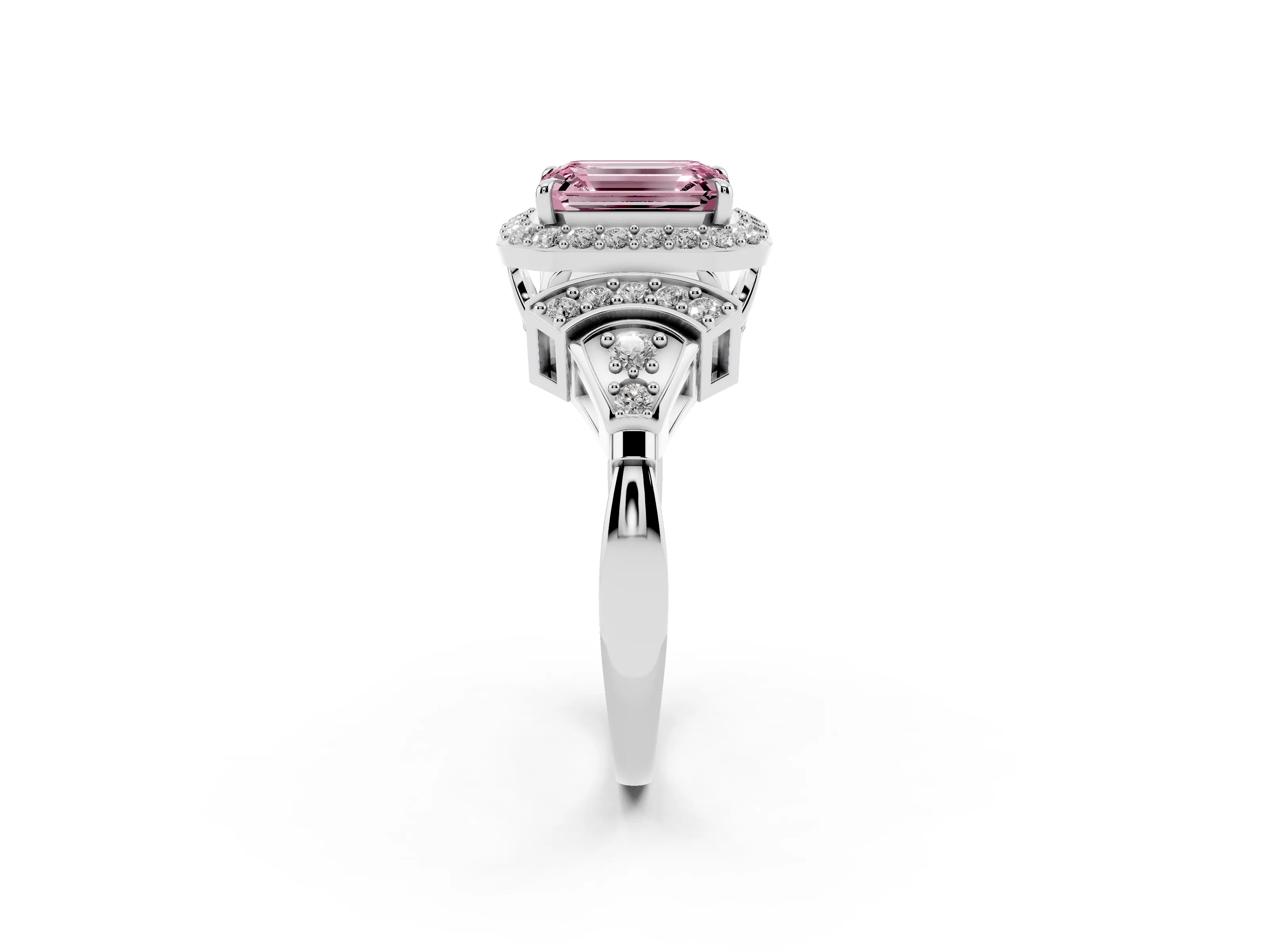 Fancy Pink Emerald Cut Diamond Halo Engagement Ring Set in Silver with Accent Stone Split Shank