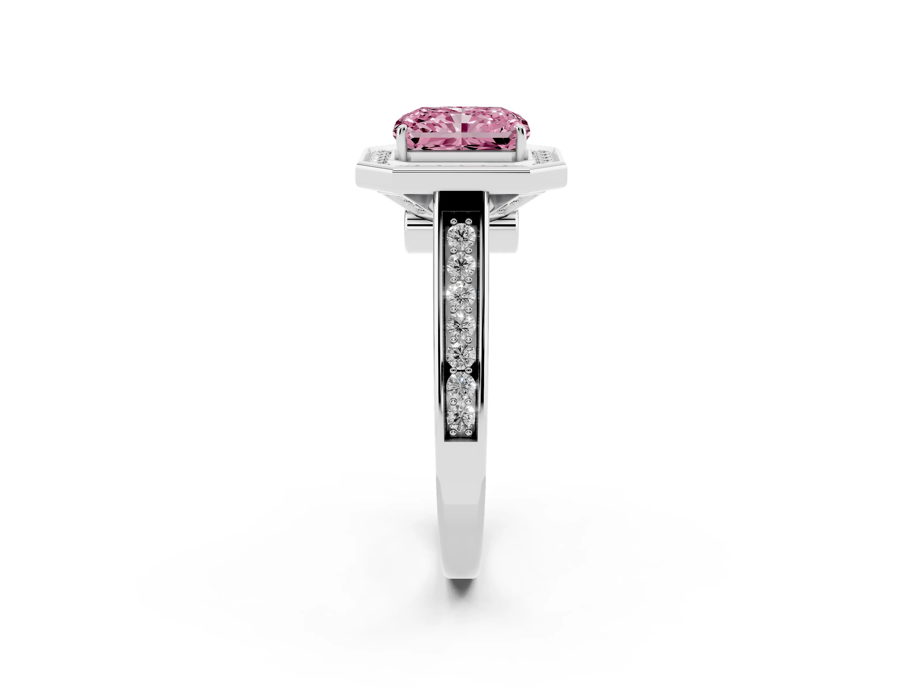 Fancy Pink Emerald Cut Diamond Halo Solitaire Ring Set in Platinum with Pavé Band and Bezel Setting