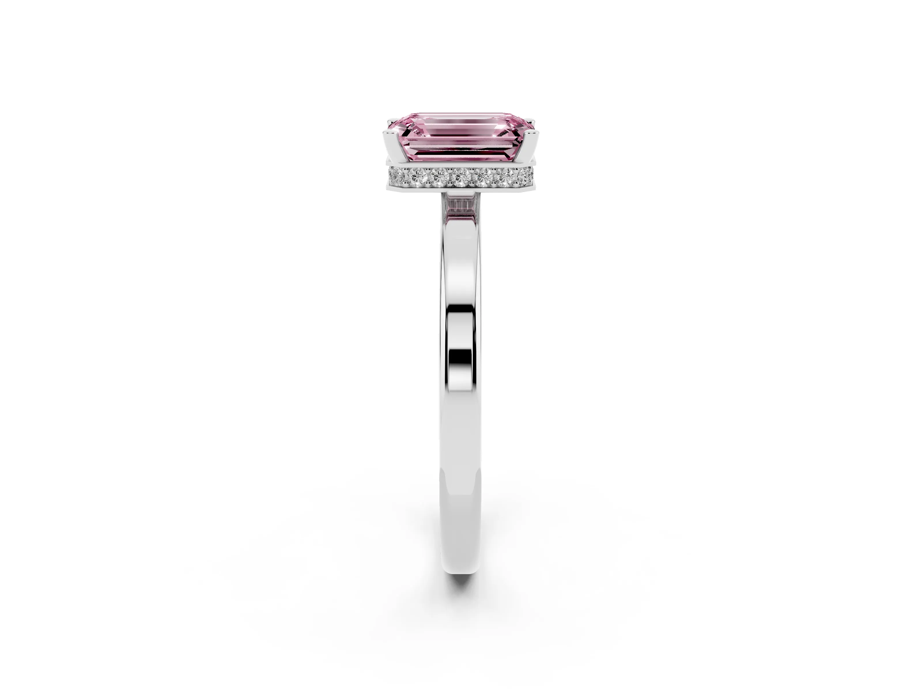 Fancy Pink Emerald Cut Diamond Solitaire Engagement Ring Set in Platinum with Prong Setting on a Plain Band