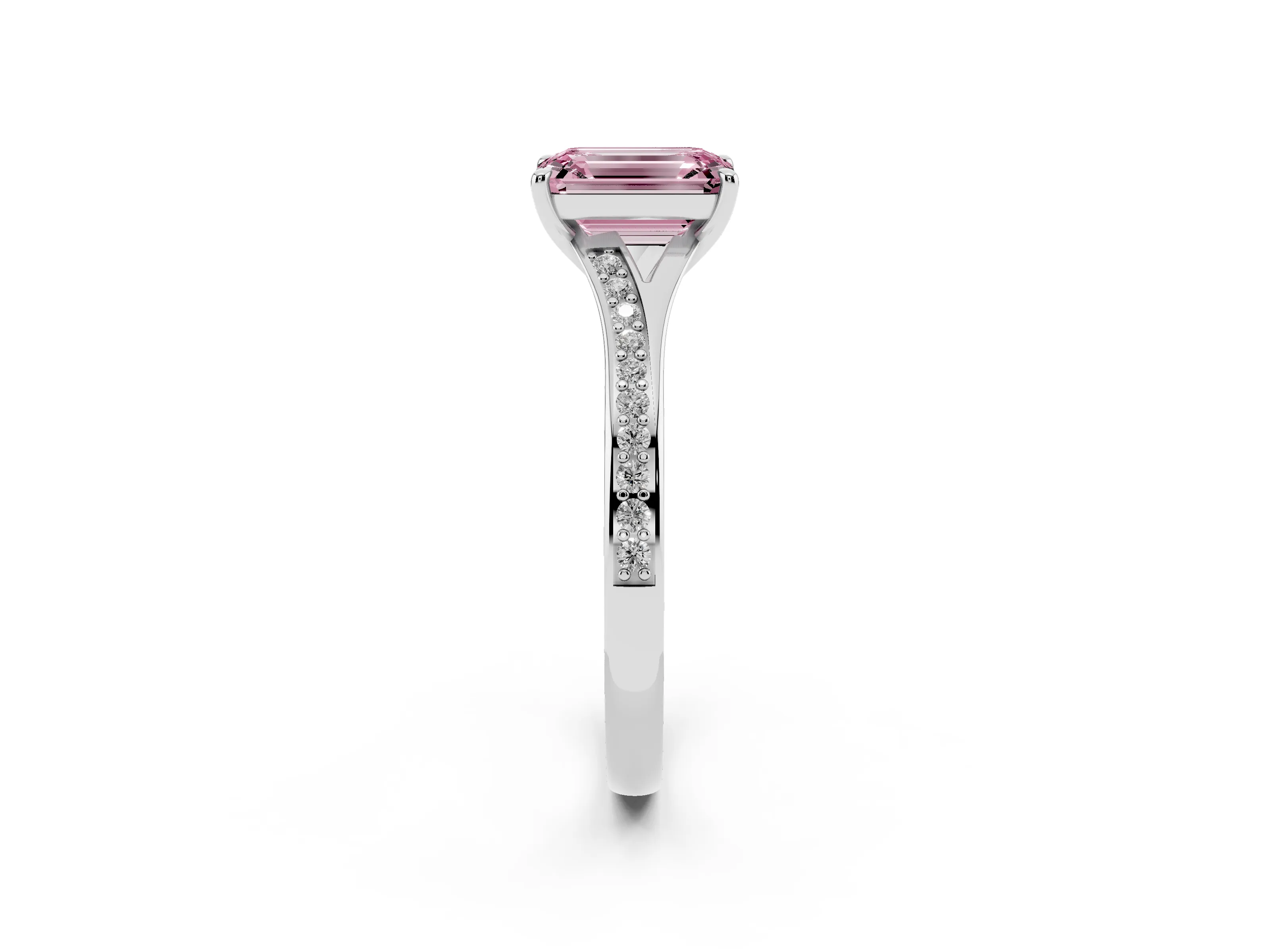 Fancy Pink Emerald Cut Diamond Solitaire Ring Set in Platinum with Pavé Accent Band and Classic Prong Setting