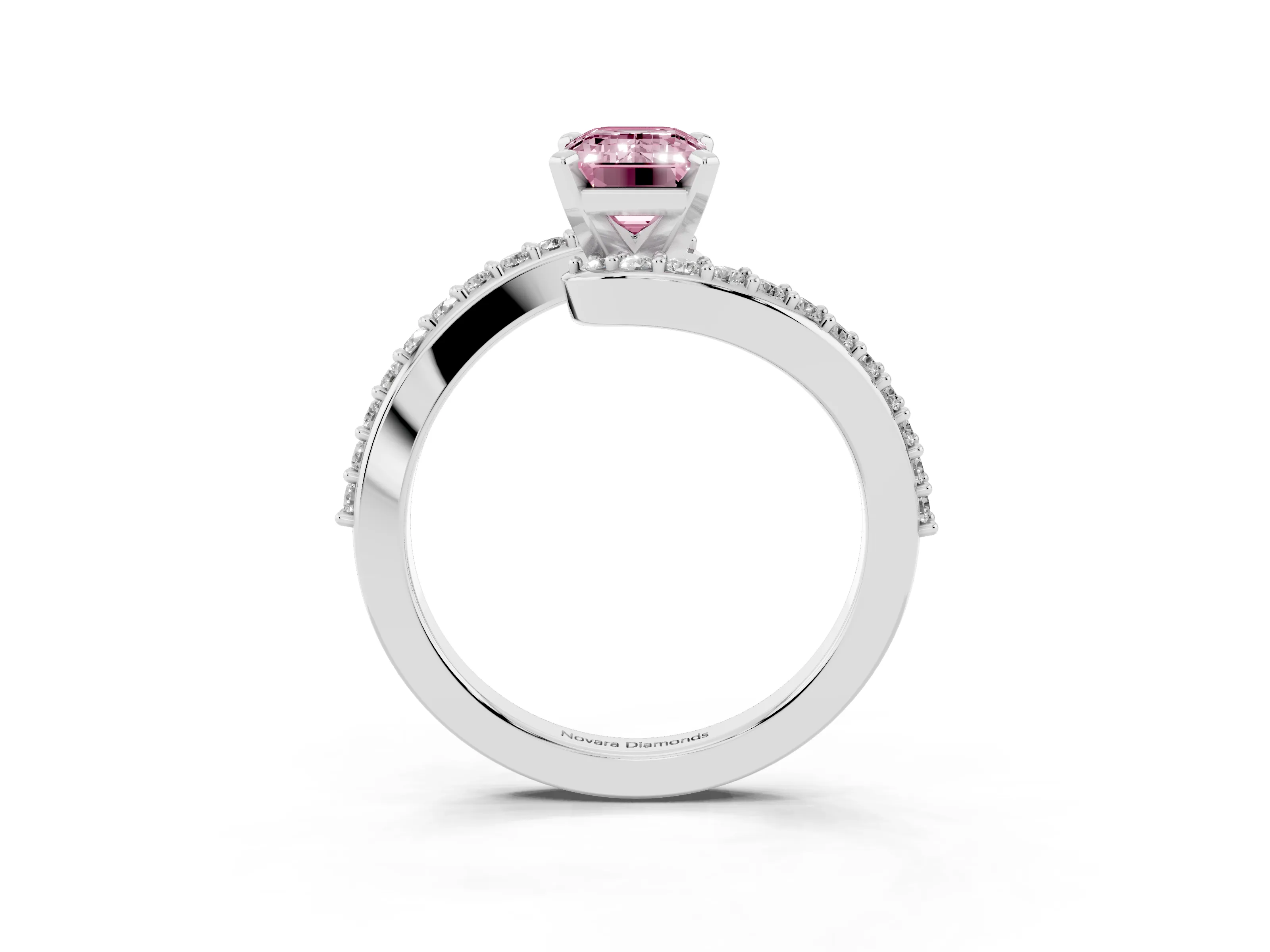 Fancy Pink Emerald Cut Diamond Solitaire Ring Set in Platinum with Pavé Twist Band and Prong Setting