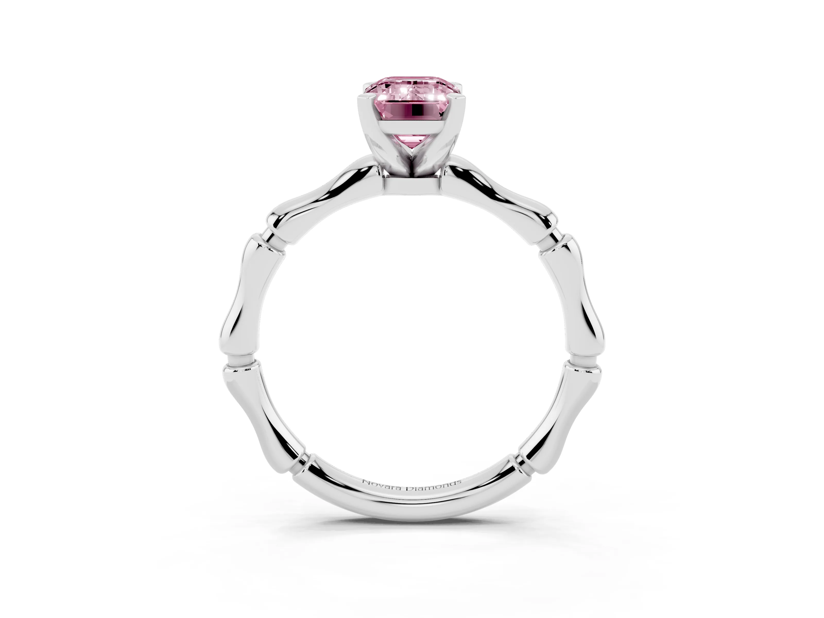 Fancy Pink Emerald Cut Diamond Solitaire Ring Set in Silver with Bamboo Band and Prong Setting