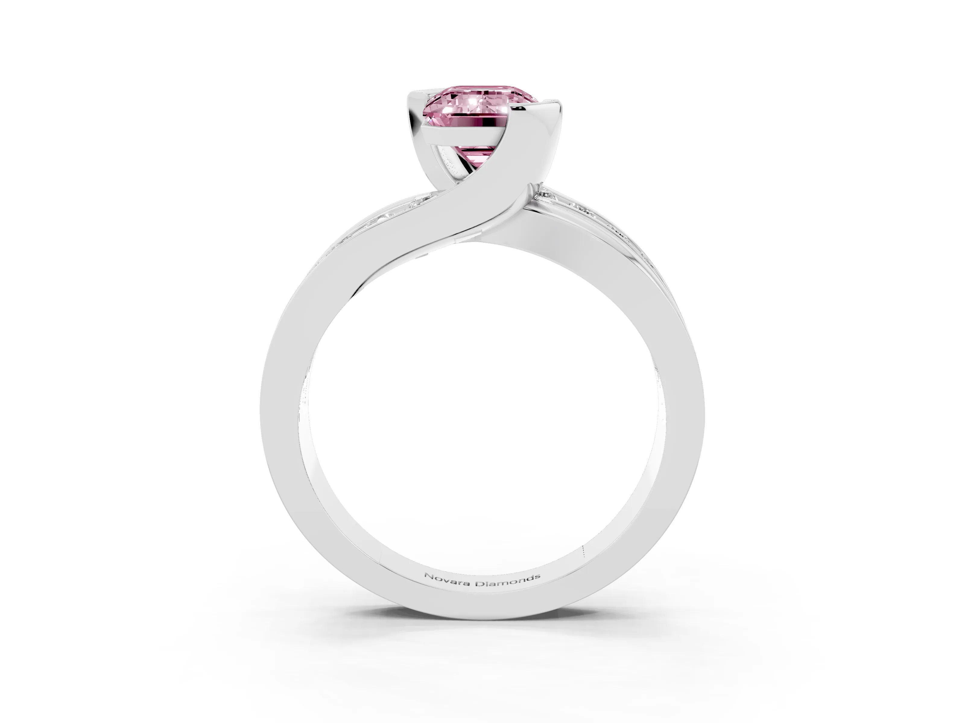Fancy Pink Emerald Cut Diamond Solitaire Ring Set in Silver with Channel Set Split Shank and Tension Prongs