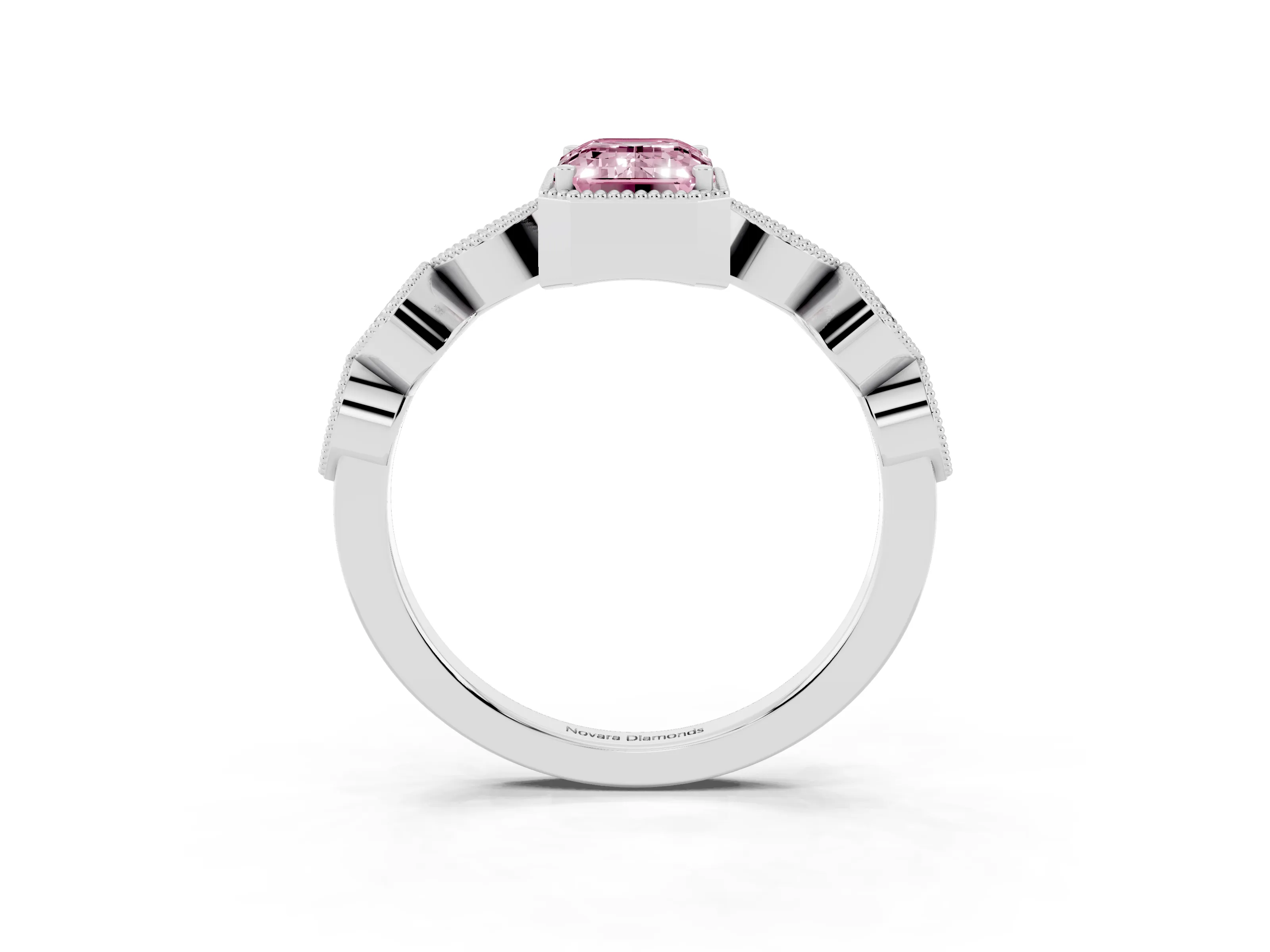 Fancy Pink Emerald Cut Diamond Vintage-Inspired Milgrain Ring Set in Platinum with Marquise Stations of Round Accents