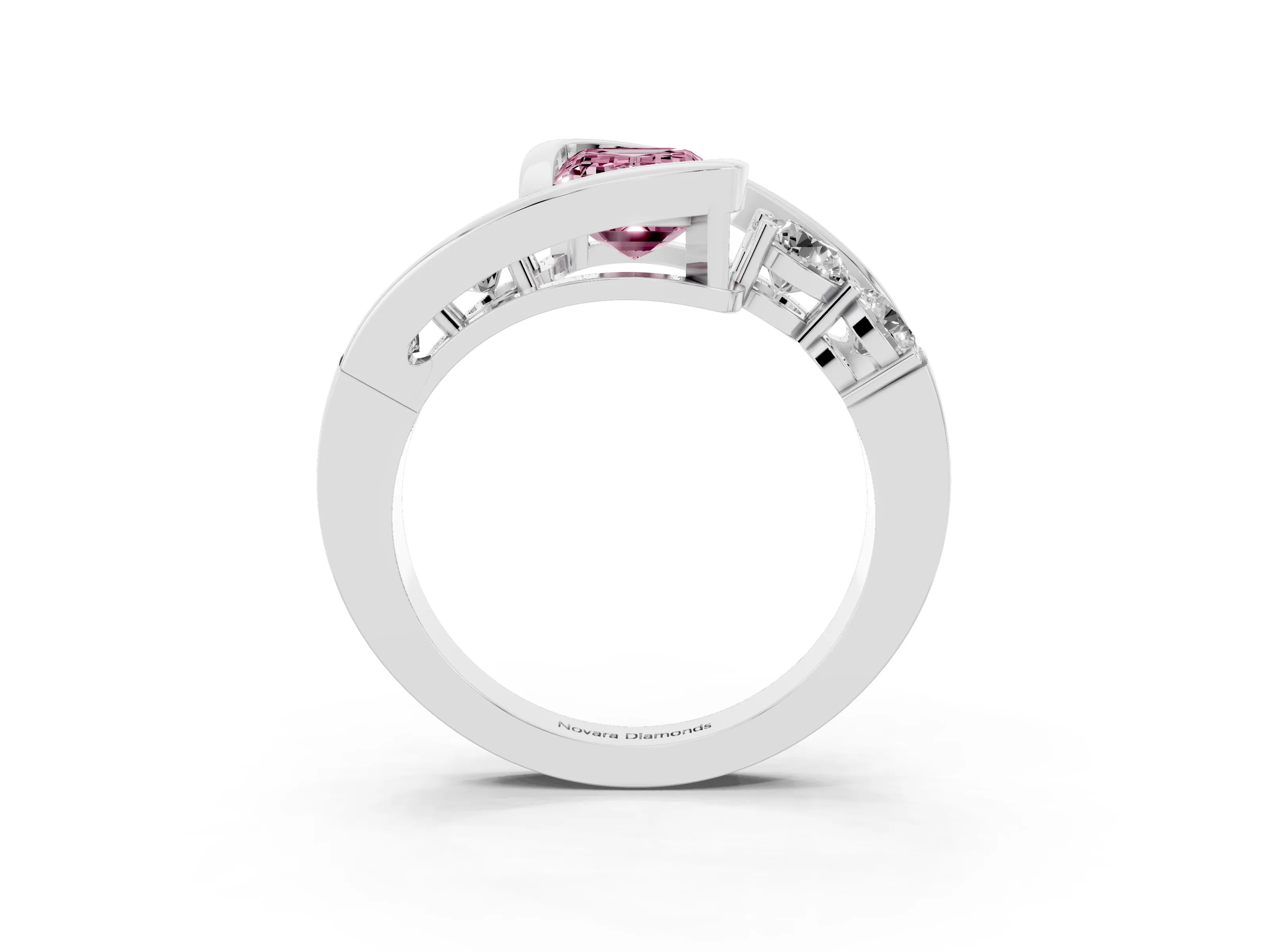 Fancy Pink Emerald Cut Diamond Bezel Bypass Ring Set in Silver with Round Accents