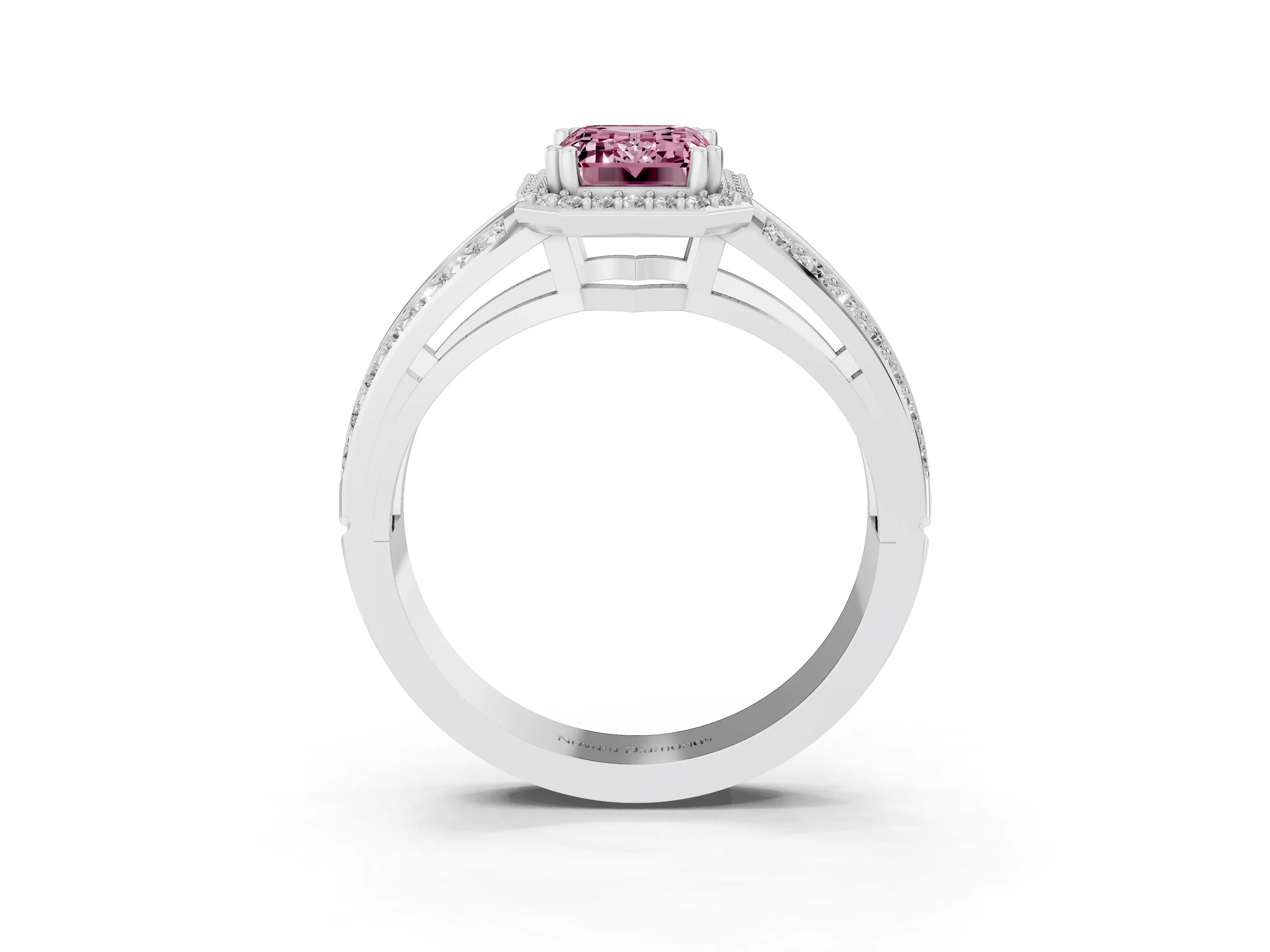 Fancy Pink Emerald Cut Diamond Halo Ring Set in White gold with Double Pavé Split Shank