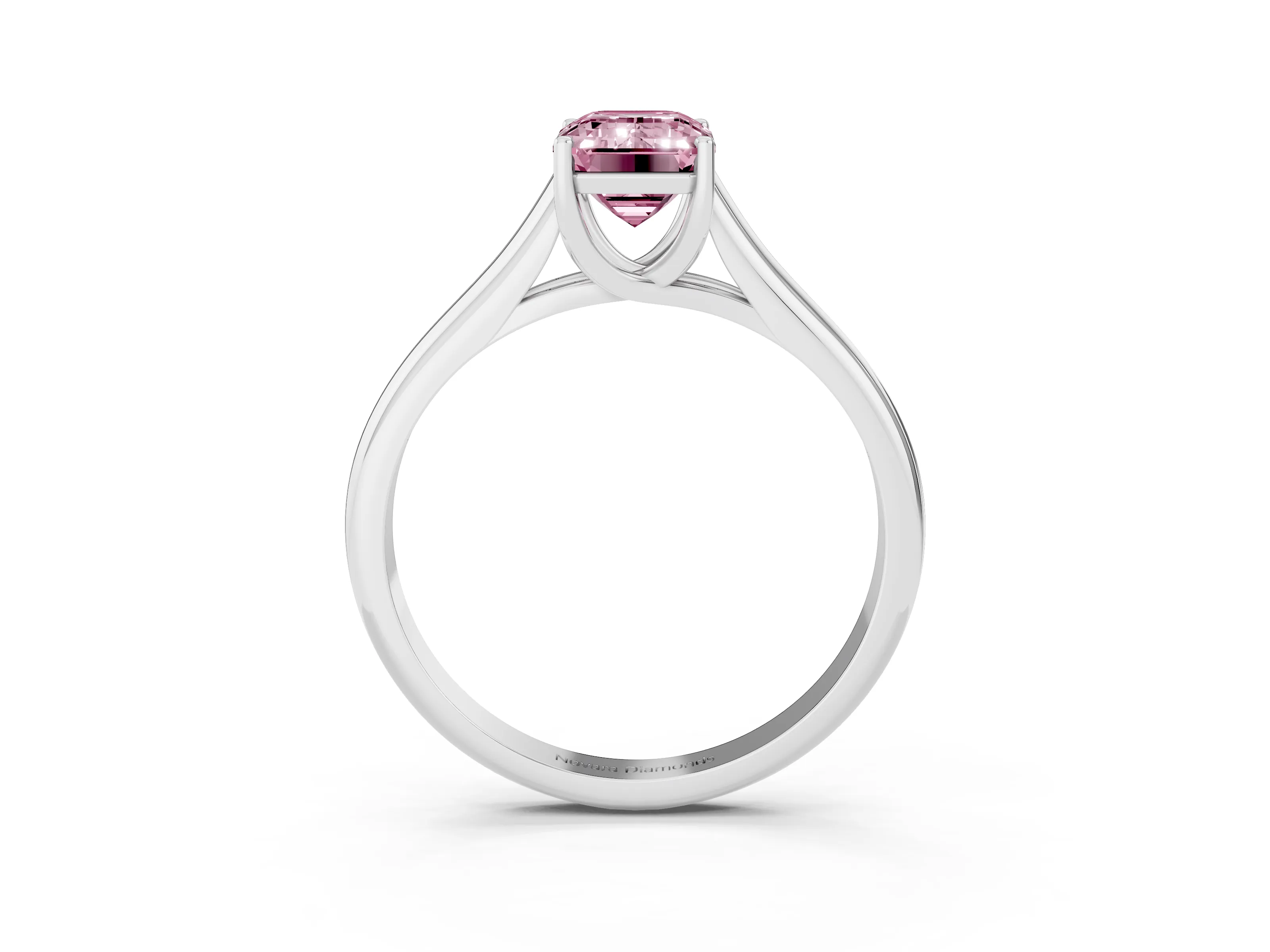 Fancy Pink Emerald Cut Diamond Solitaire Engagement Ring Set in White gold with Subtly Tapered Band and Prong Setting