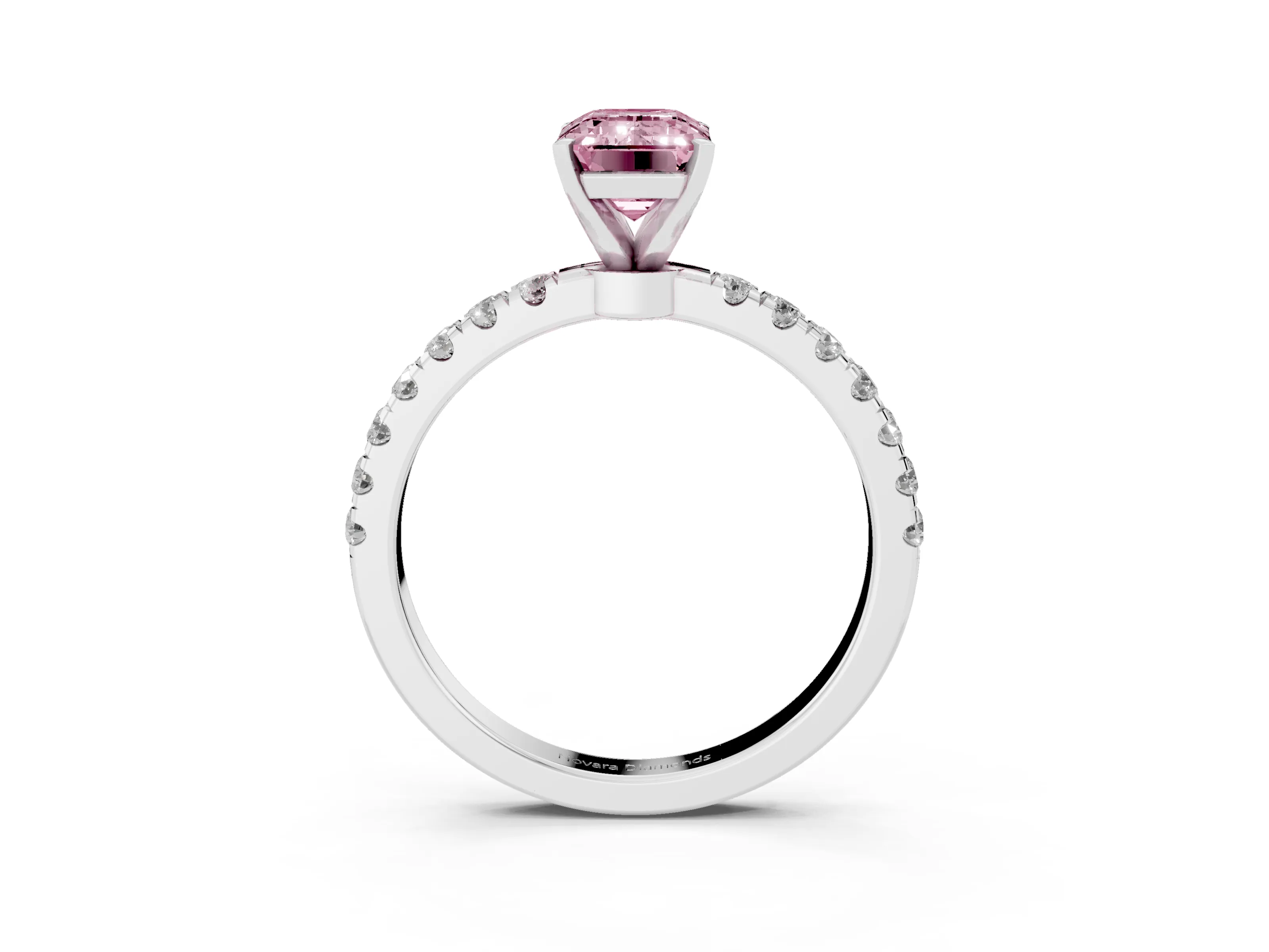 Fancy Pink Emerald Cut Diamond Solitaire Ring Set in Silver with Pavé Accents and Prong Setting