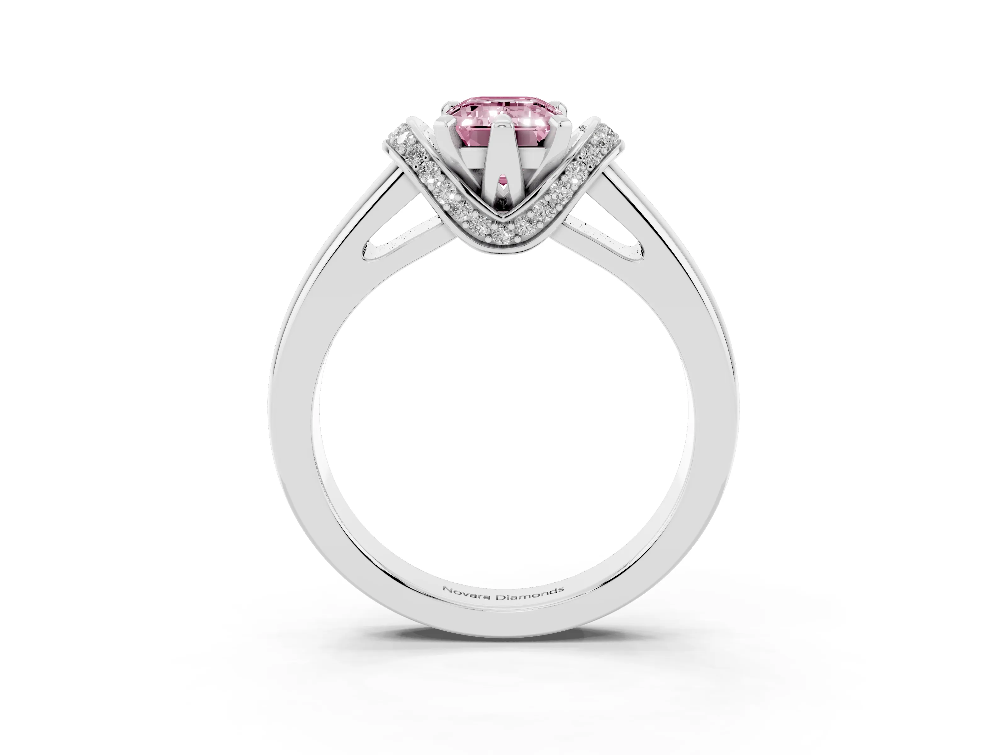 Fancy Pink Emerald Cut Diamond Pavé Band Solitaire Ring Set in White gold with Prong Setting