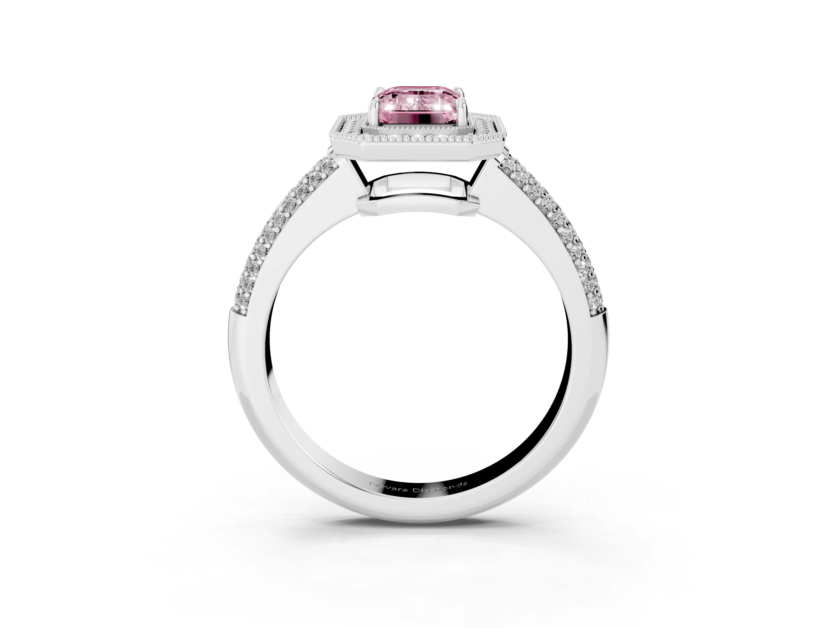 Fancy Pink Emerald Cut Diamond Halo Pavé Band Set in Silver with Prong Setting