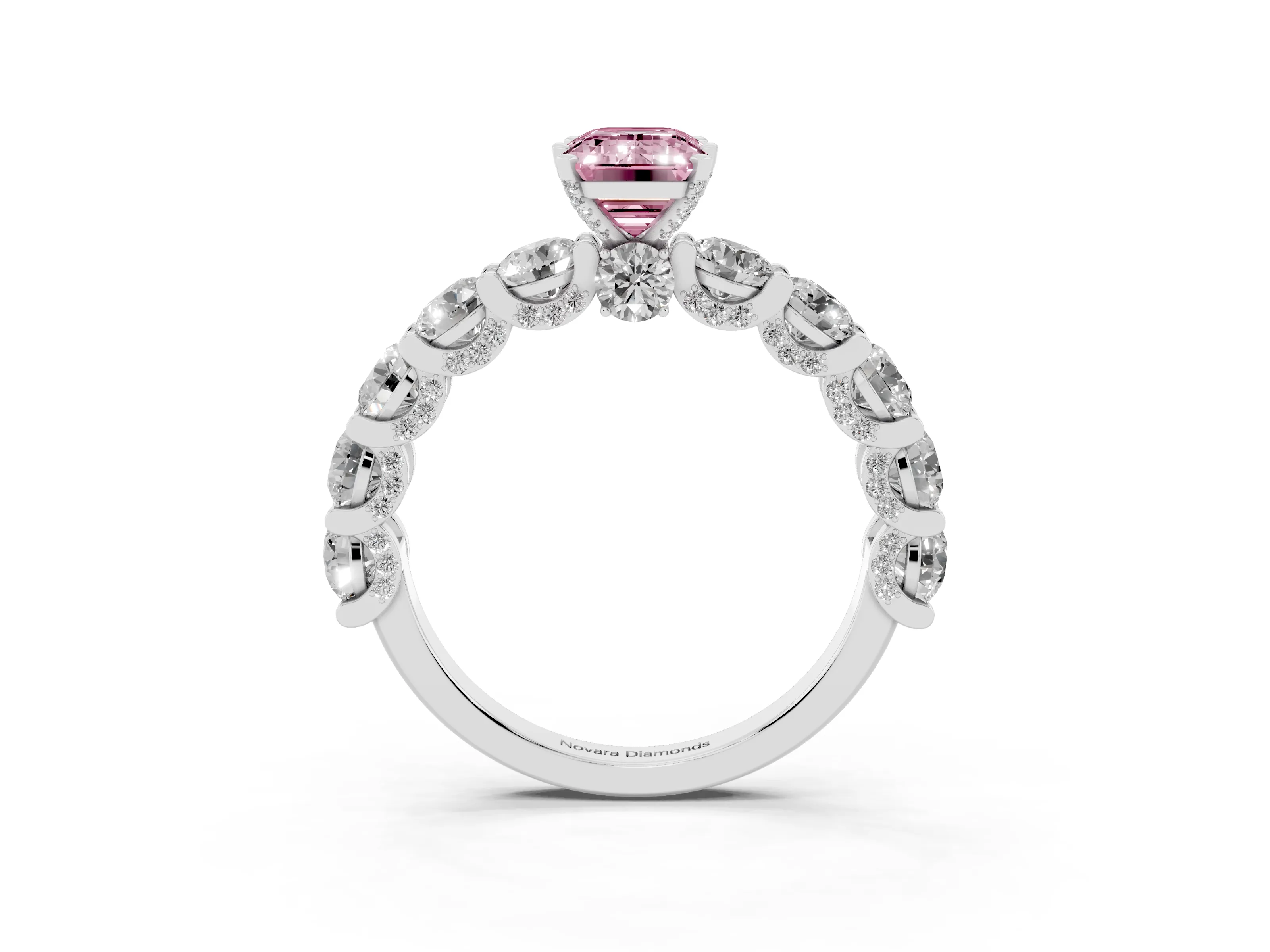 Fancy Pink Emerald Cut Diamond Side Stone Ring Set in White gold with Alternating Round and Oval Side Stones