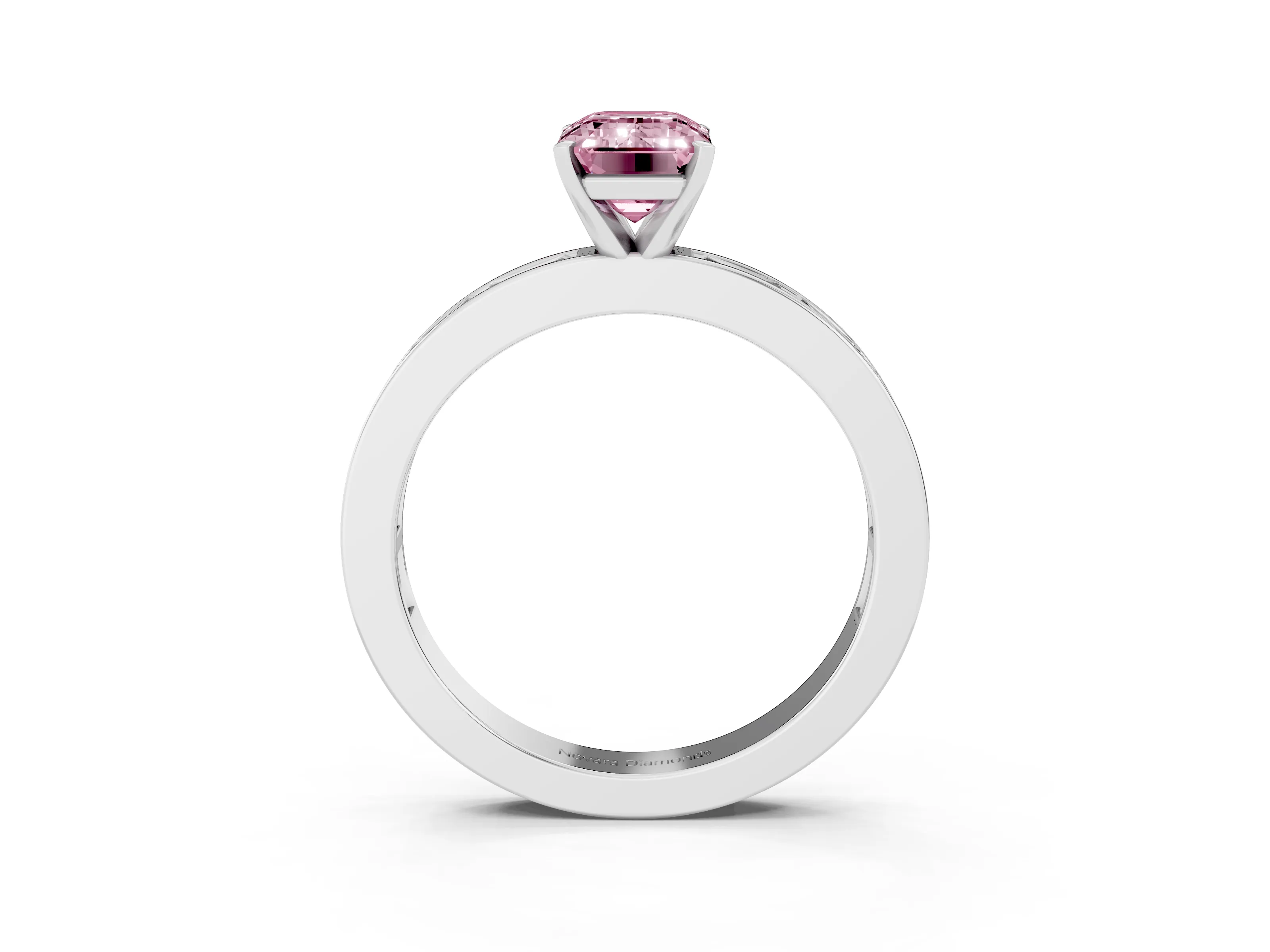 Fancy Pink Emerald Cut Diamond Solitaire Ring Set in White gold with Channel-Set Baguette Band and Prong Setting