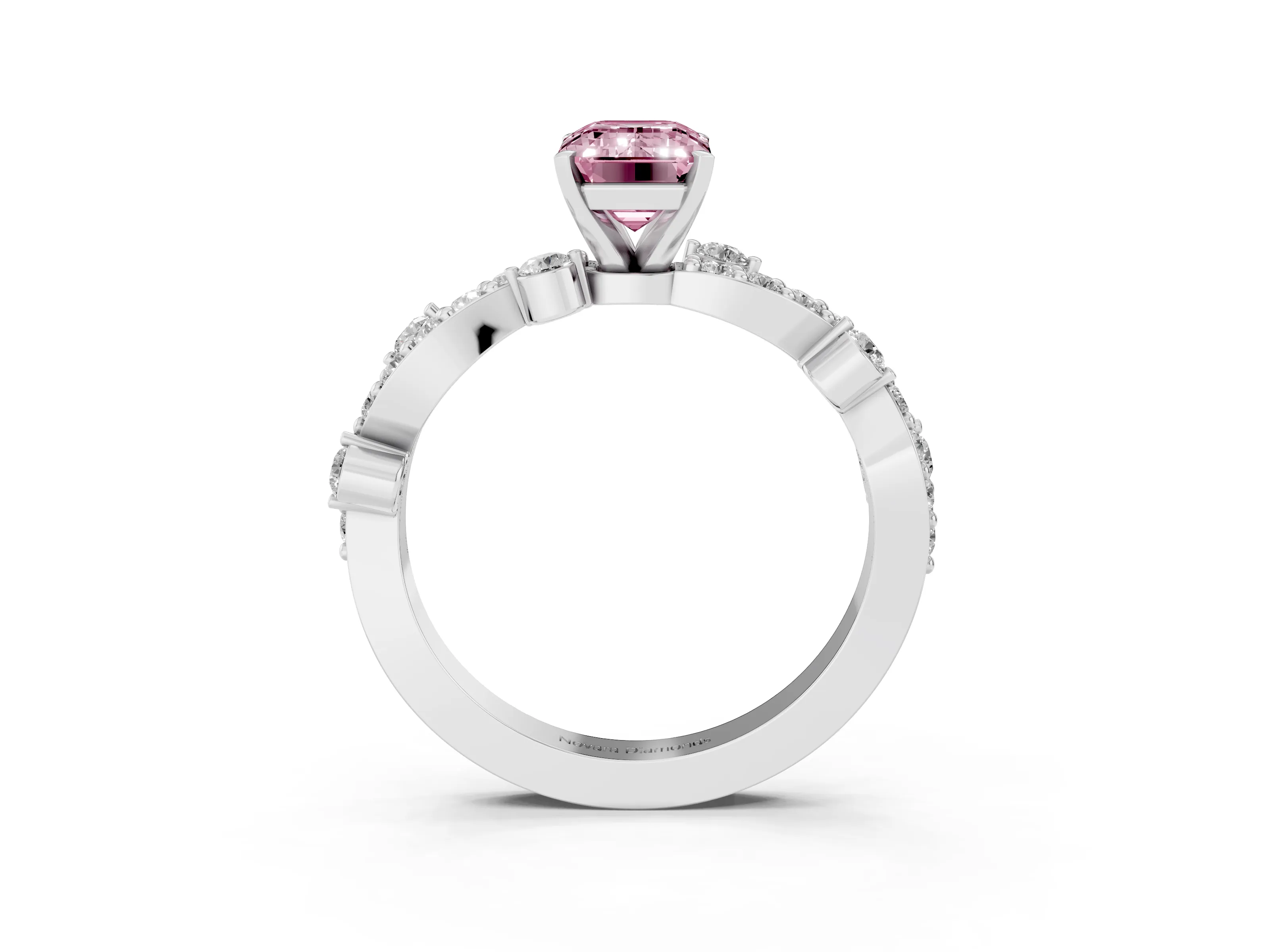 Fancy Pink Emerald Cut Diamond Solitaire Twisted Band Set in Silver with Pavé Setting