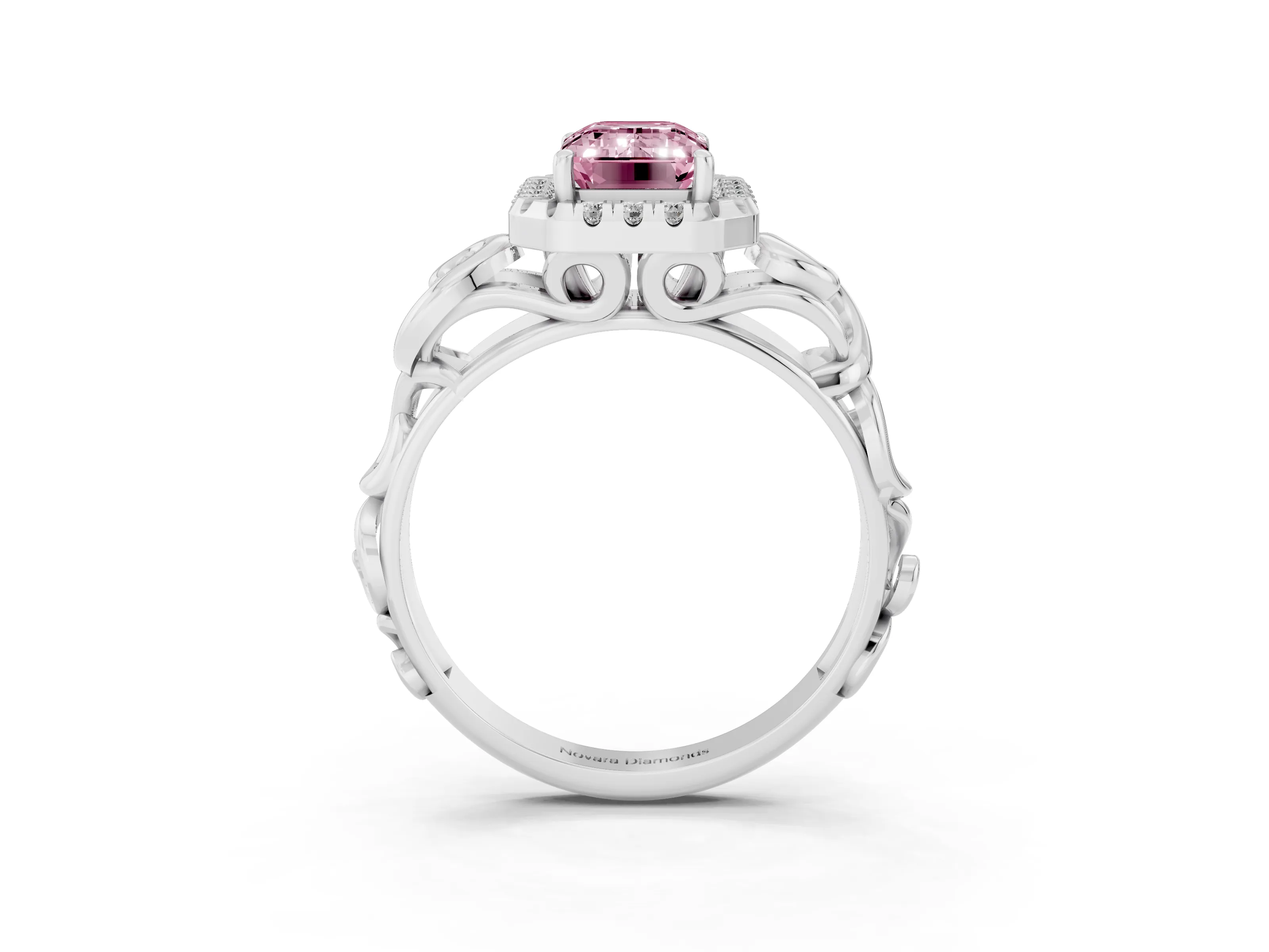 Fancy Pink Emerald Cut Diamond Halo Ring Set in Platinum with Scrollwork Band and Prong Setting