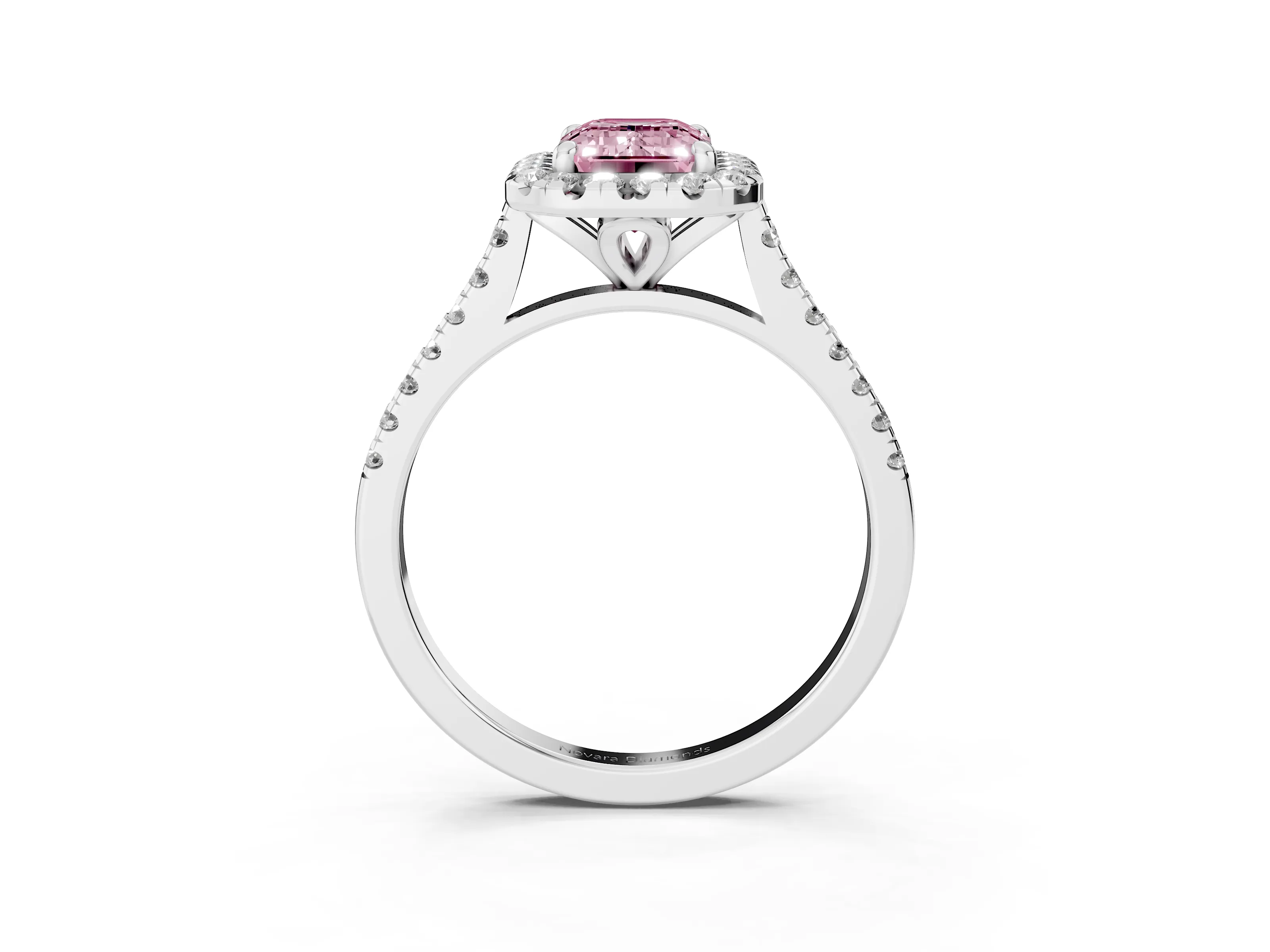 Fancy Pink Emerald Cut Diamond Cushion Halo Ring Set in White gold with Pavé Band