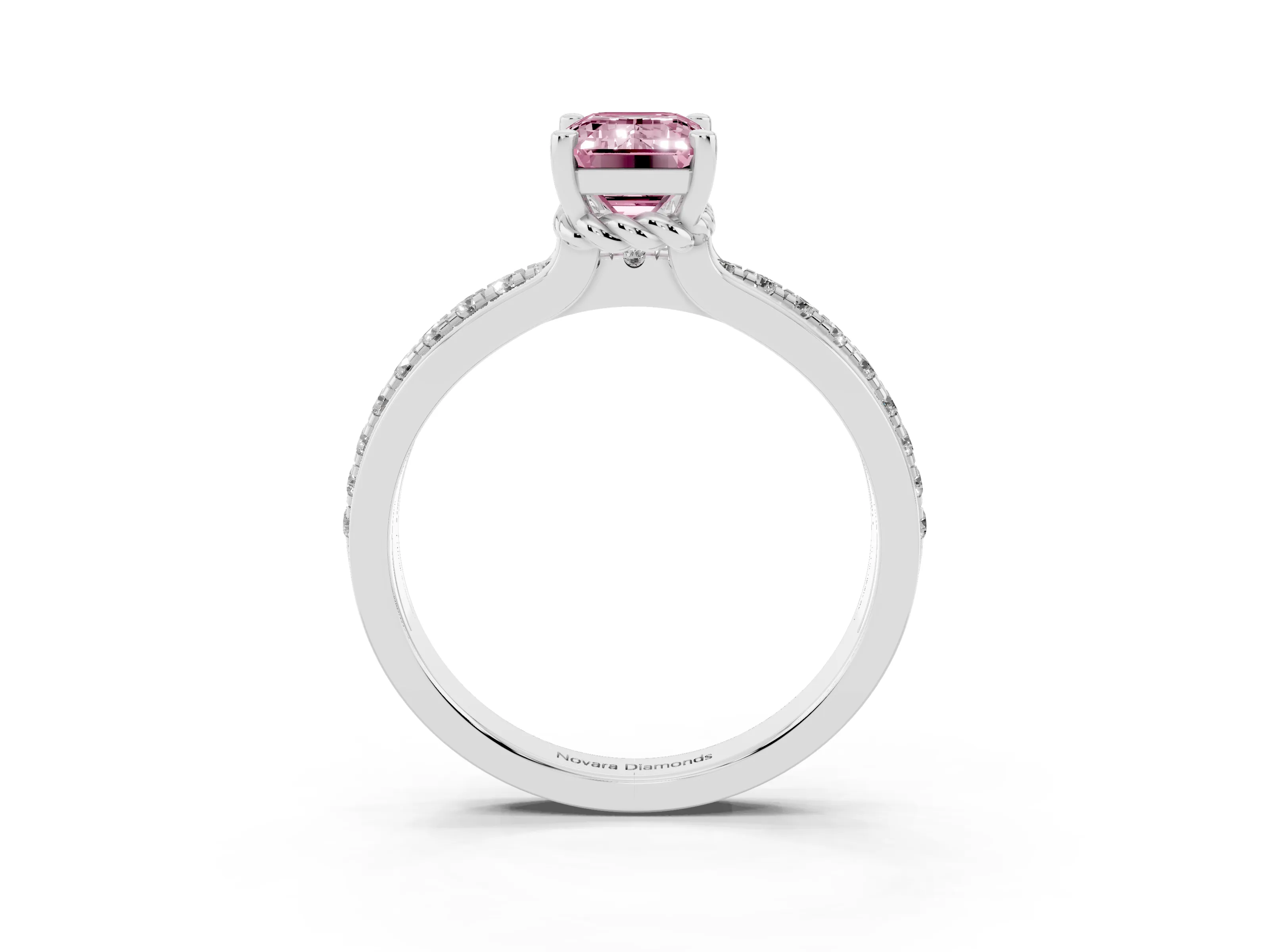 Fancy Pink Emerald Cut Diamond Solitaire Ring Set in Silver with Channel Set Band and Prong Setting