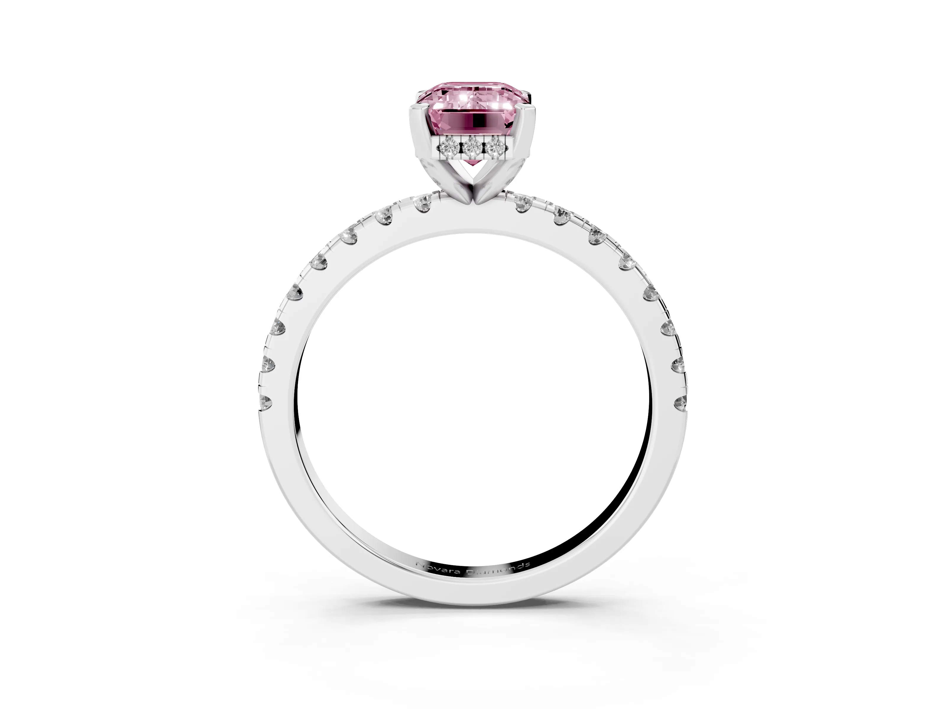 Fancy Pink Emerald Cut Diamond Pavé Solitaire Ring Set in Silver with Round Band Accents and Prong Setting