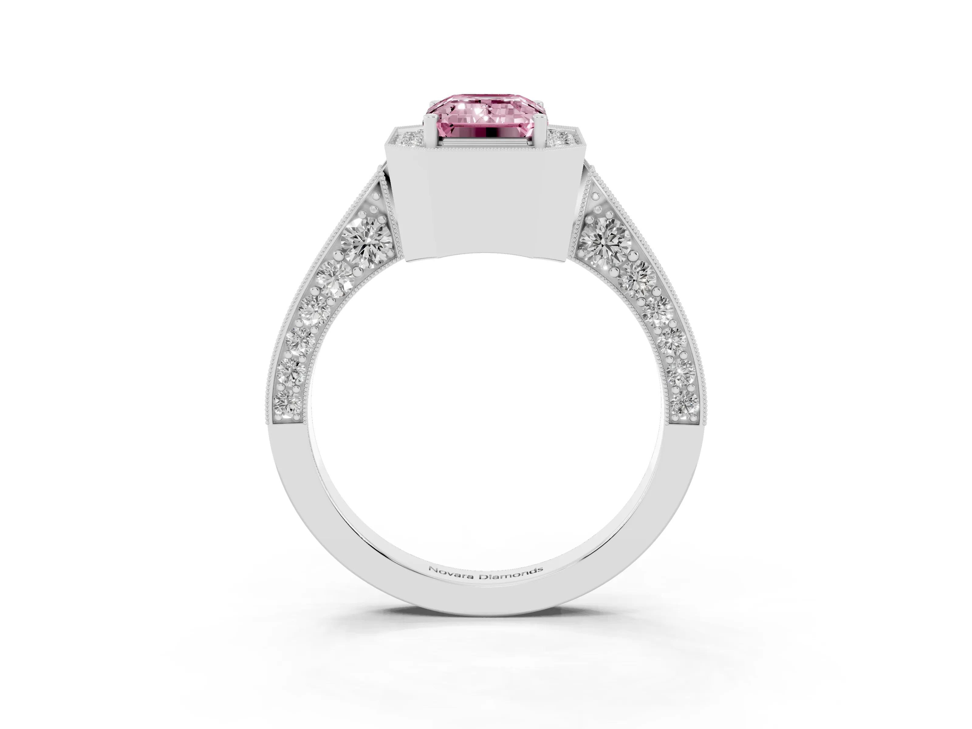 Fancy Pink Emerald Cut Diamond Halo Engagement Ring Set in Platinum with Accent Split Shank Band