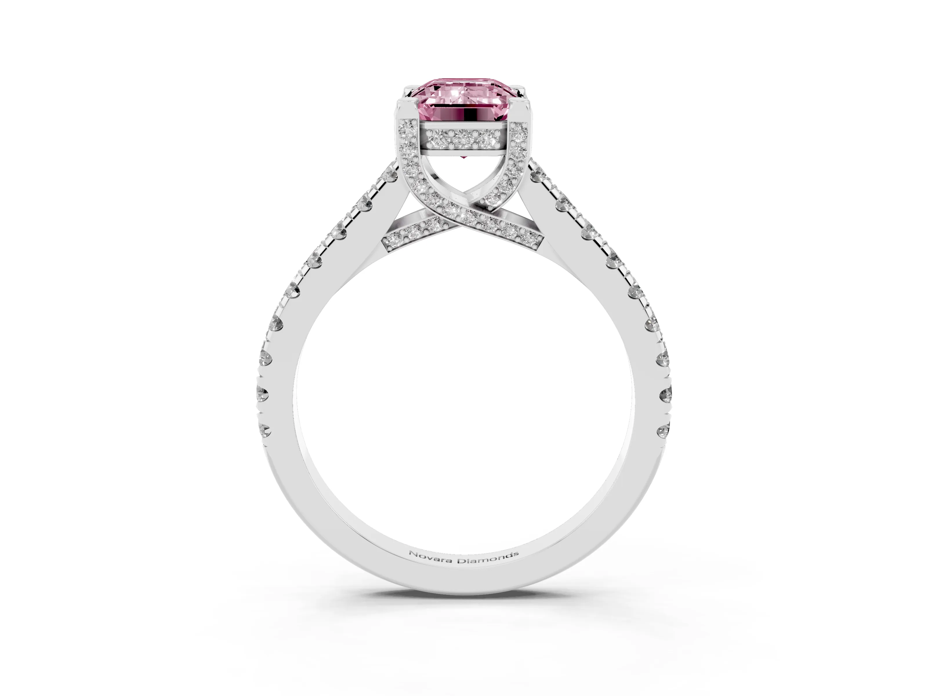 Fancy Pink Emerald Cut Diamond Solitaire Ring Set in Platinum with Brilliant Pavé Band and Prong Setting