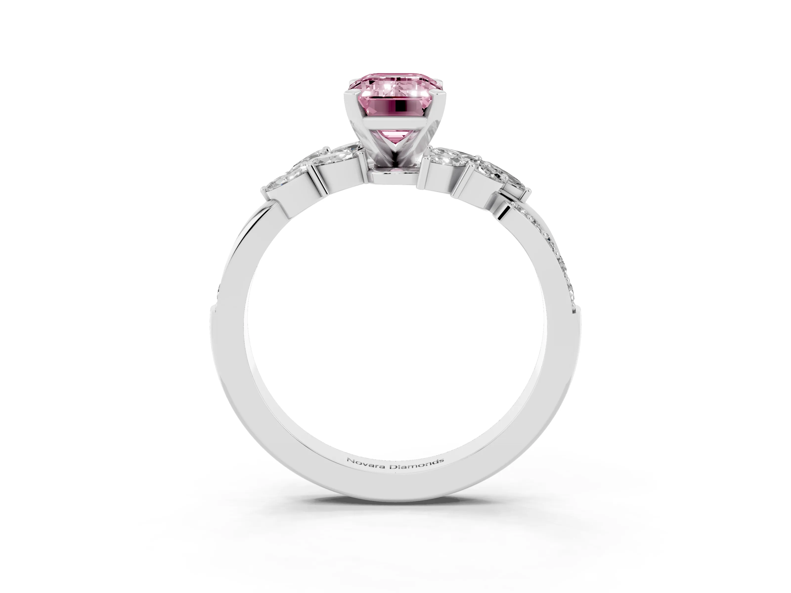 Fancy Pink Emerald Cut Diamond Solitaire Ring Set in Silver with Marquise Twist Band and Prong Setting