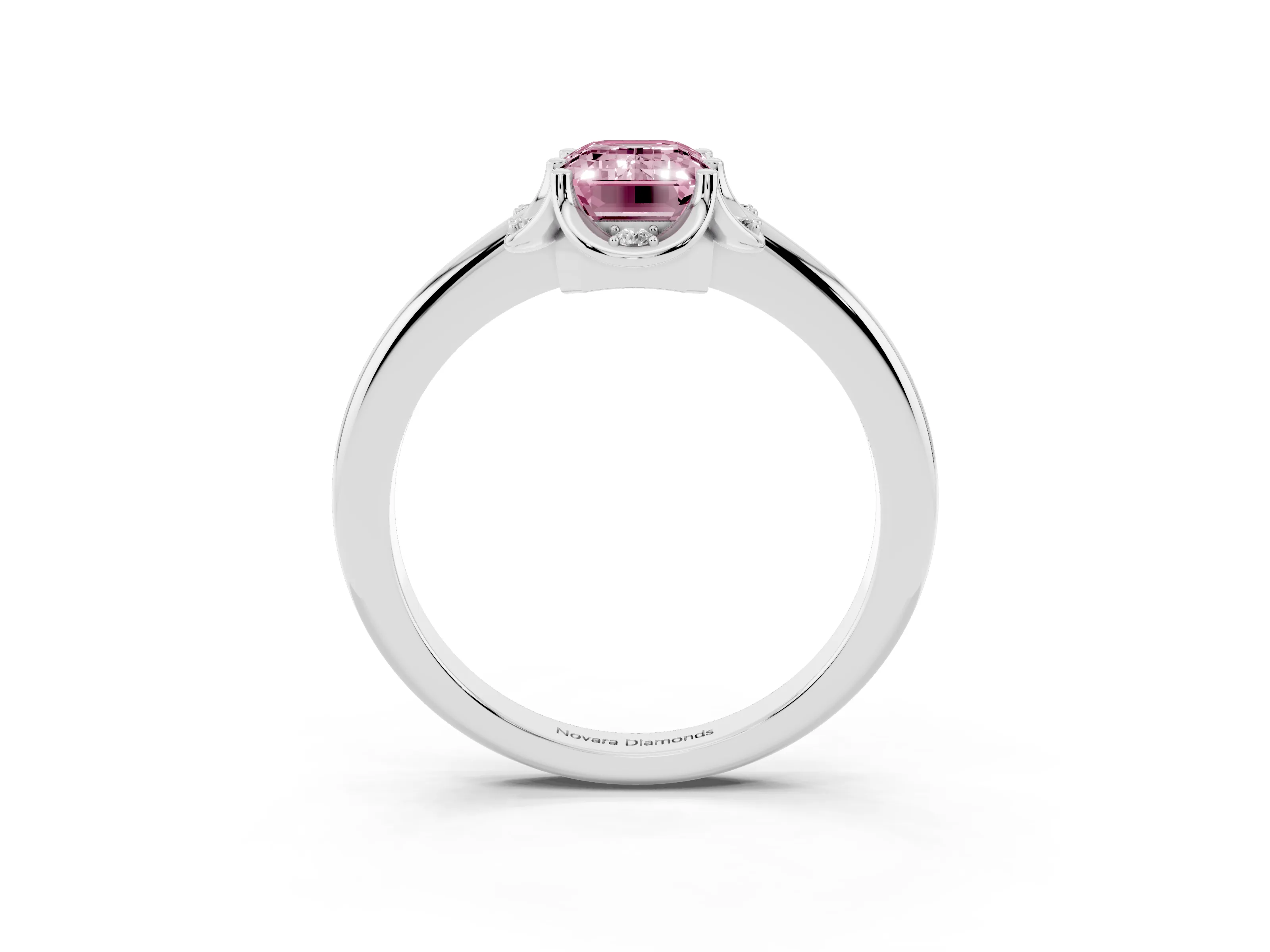 Fancy Pink Emerald Cut Diamond Round Cluster Halo Ring Set in Silver with Solitaire Band and Prong Setting