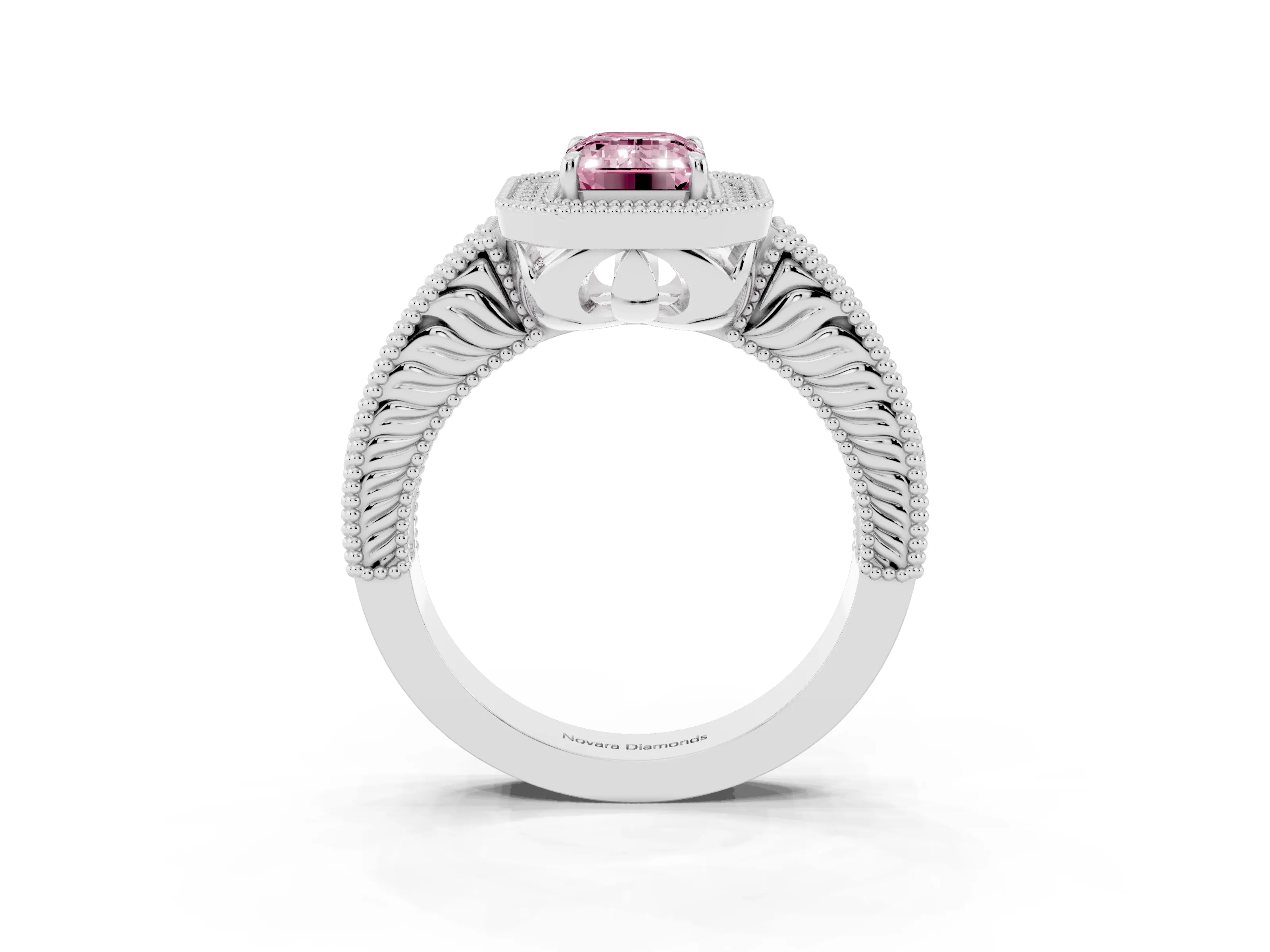 Fancy Pink Emerald Cut Diamond Halo Ring Set in White gold with Round Accent Halo, Pavé Band and Prong Setting