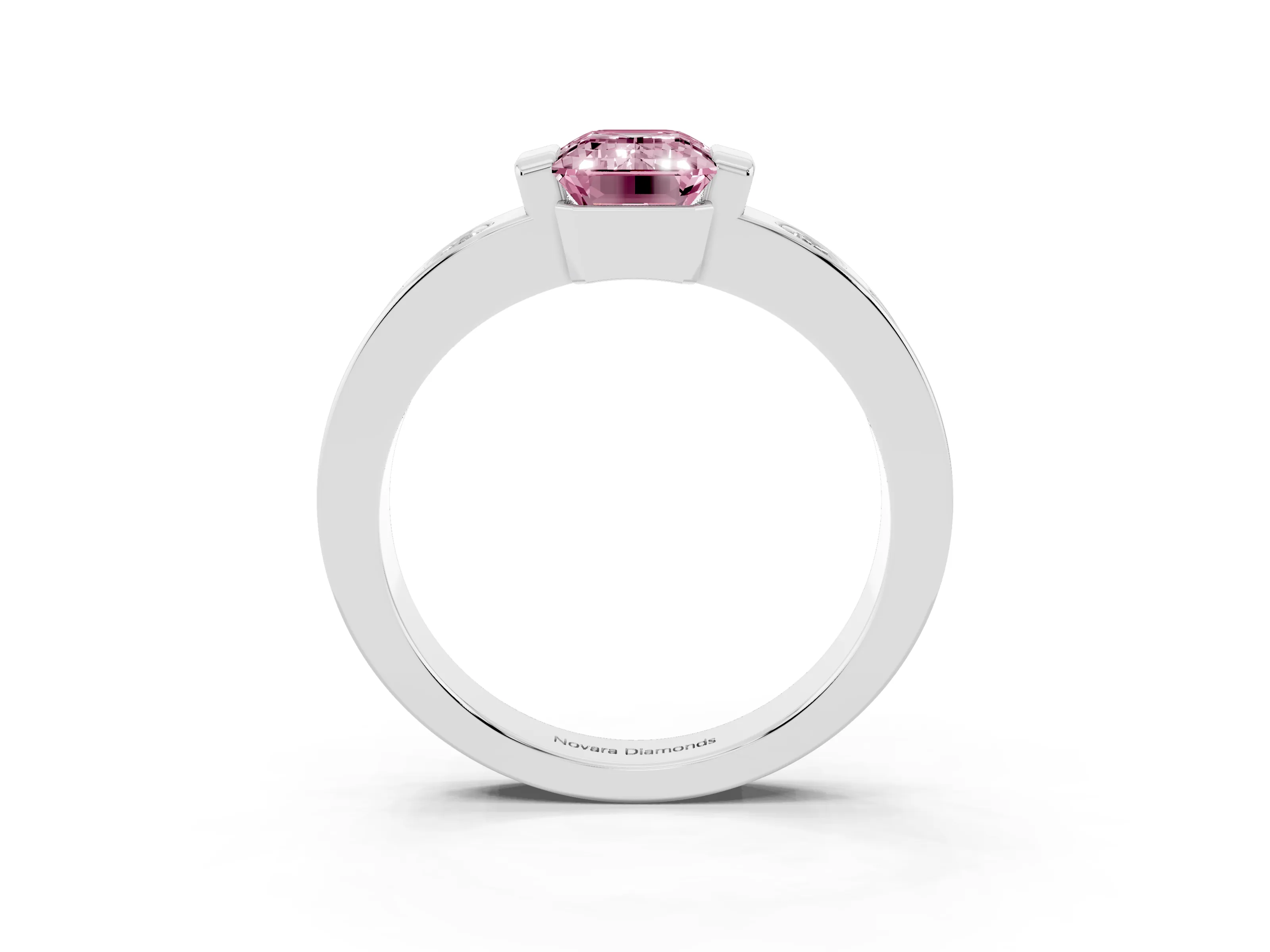 Fancy Pink Emerald Cut Diamond Channel-Set Band Ring Set in Platinum with Bezel Prong Setting