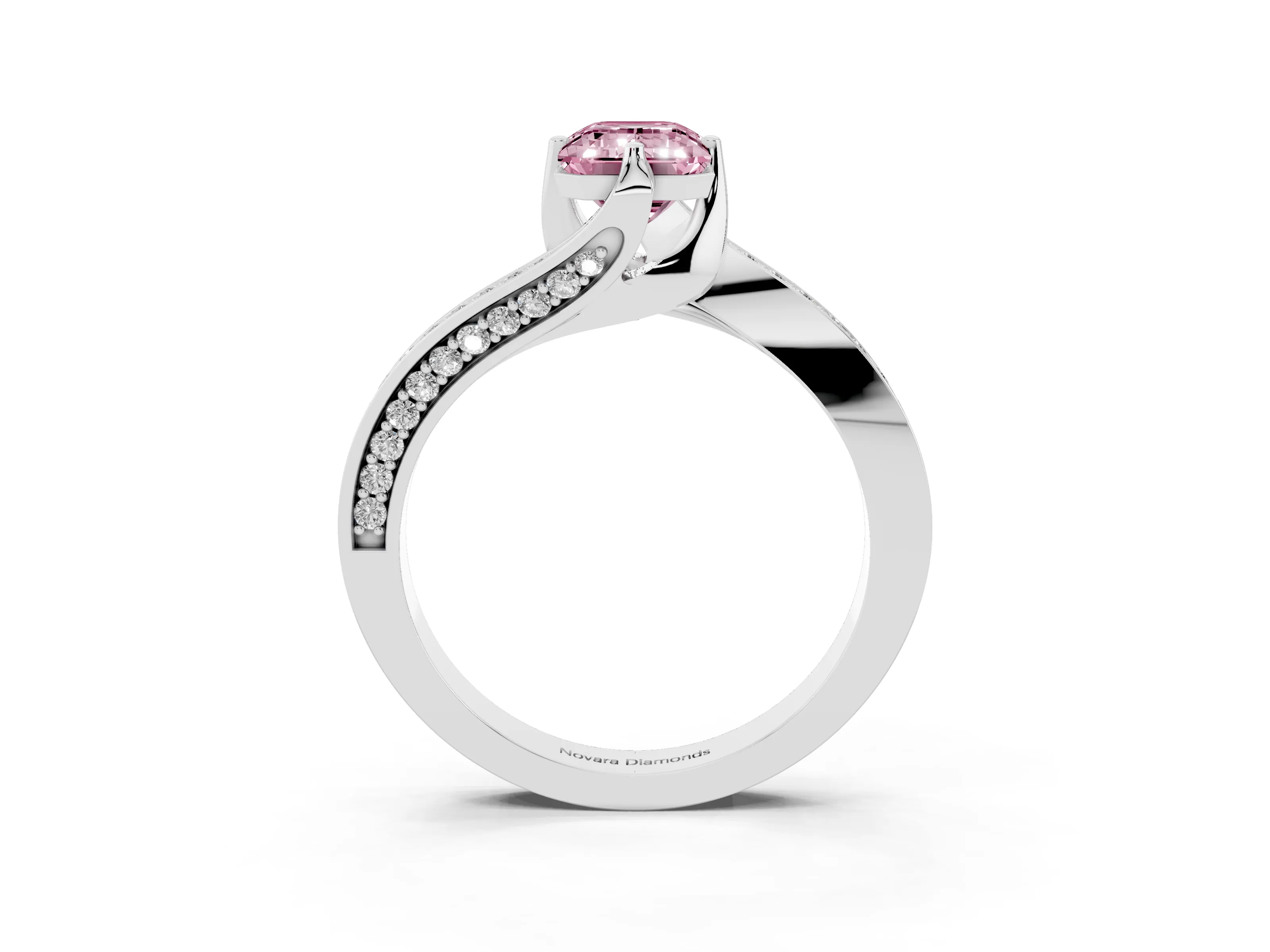Fancy Pink Emerald Cut Diamond Solitaire Ring Set in Silver with Intertwined Pavé Twist Band