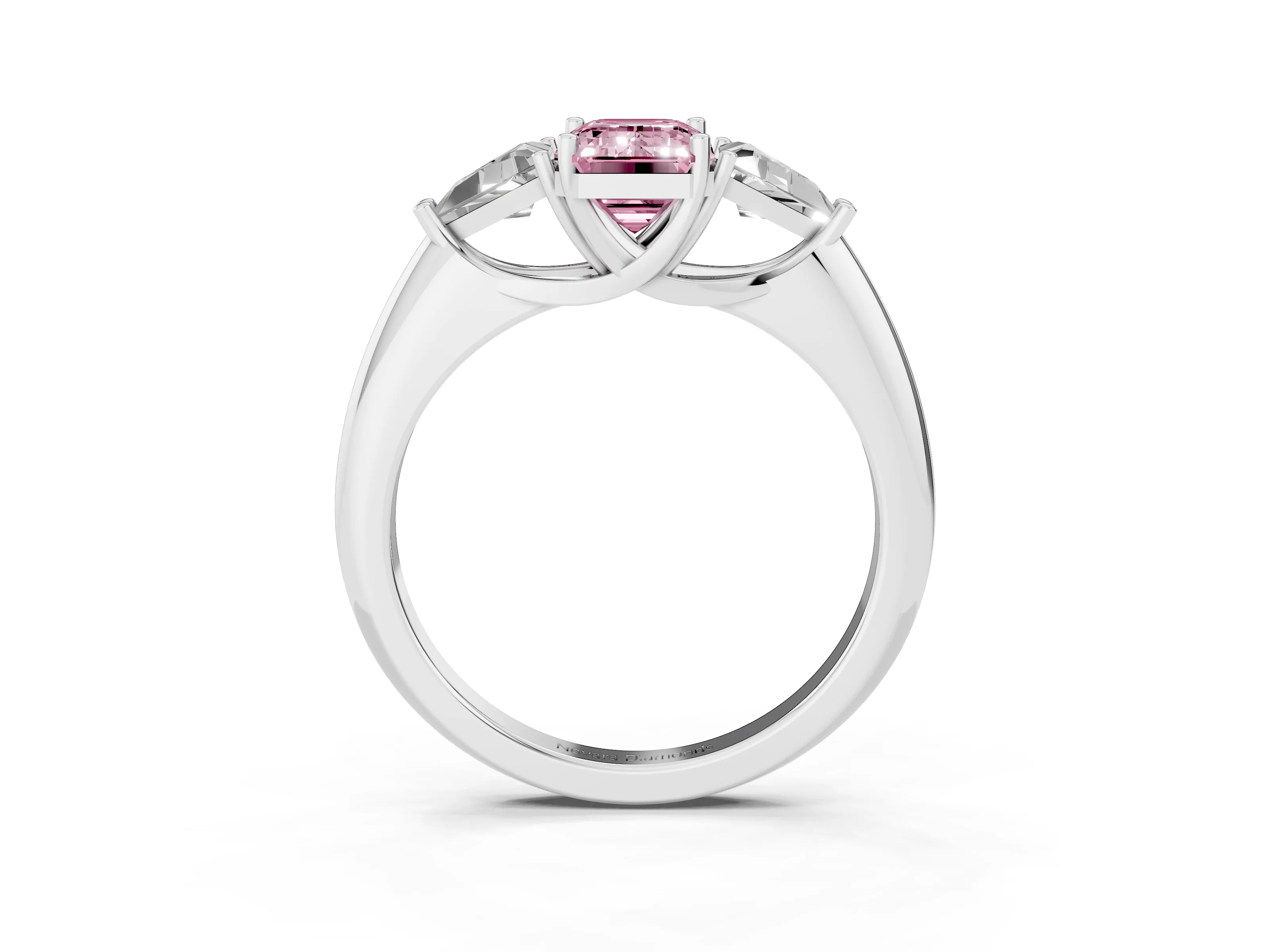Fancy Pink Emerald Cut Diamond Three-Stone Engagement Ring Set in Silver with Trillion Side Stones