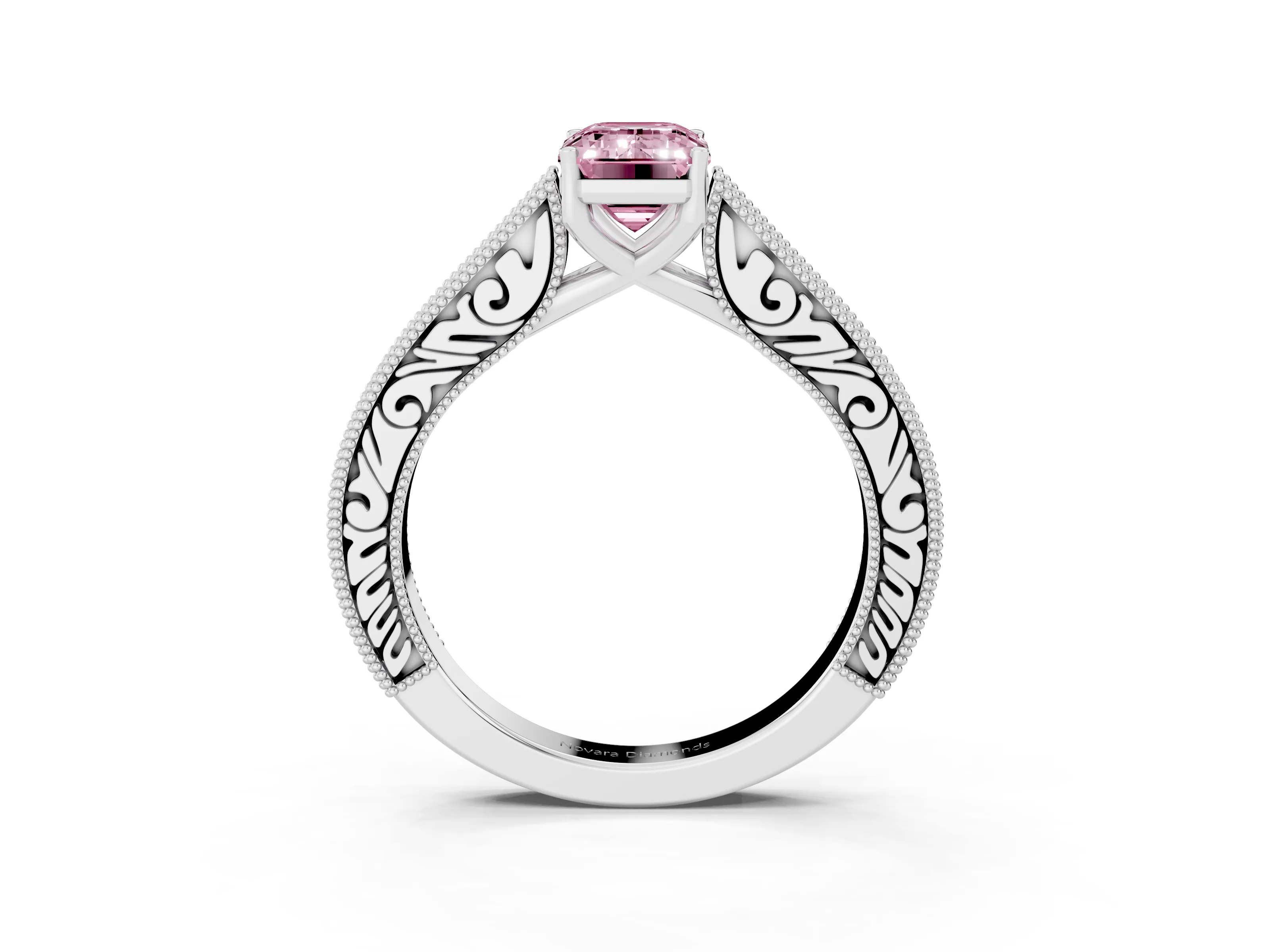 Fancy Pink Emerald Cut Diamond Milgrain Pavé Band Solitaire Ring Set in White gold with Prong Setting