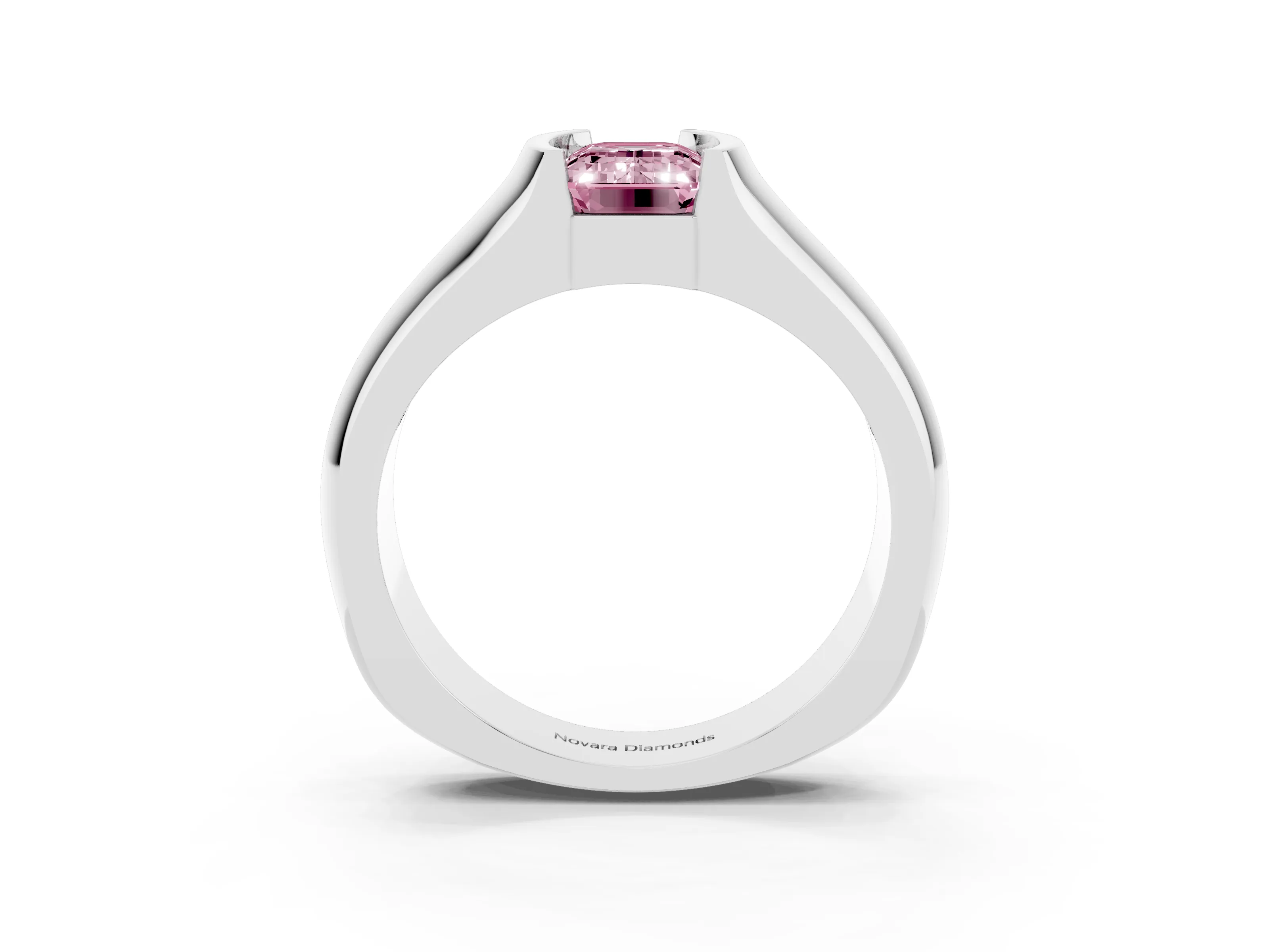 Fancy Pink Emerald Cut Diamond Bezel Solitaire Ring Set in Silver with Wide Band