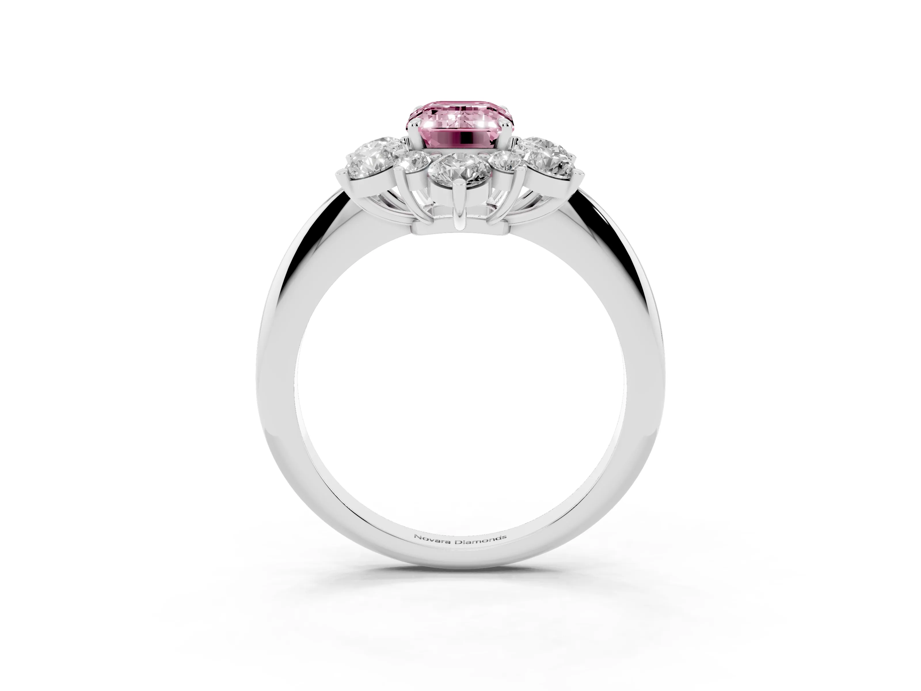 Fancy Pink Emerald Cut Diamond Cluster Halo Ring Set in White gold with Solitaire Band and Prong Setting
