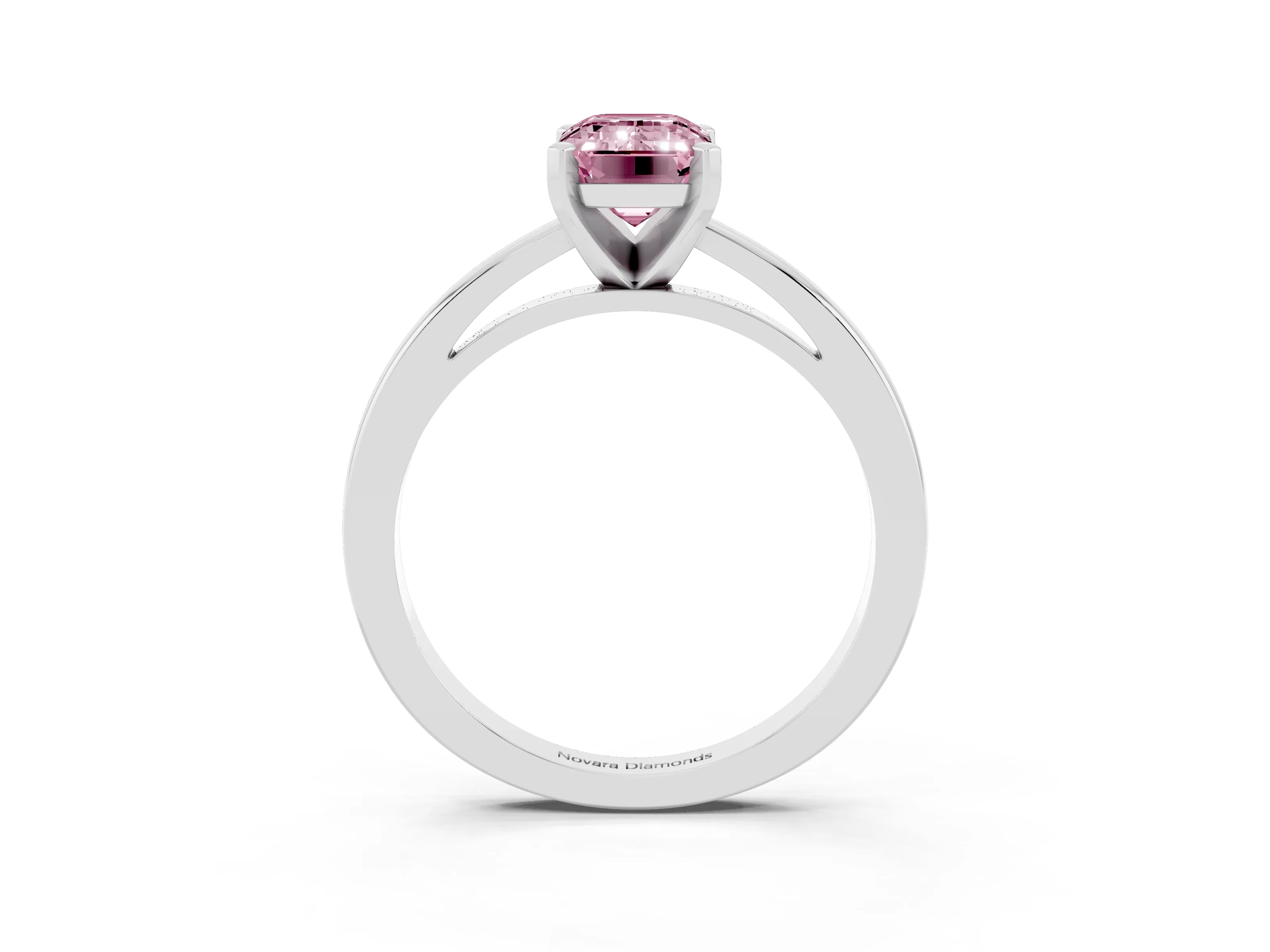Fancy Pink Emerald Cut Diamond Solitaire Engagement Ring Set in Platinum with Prong Setting on a Classic Band