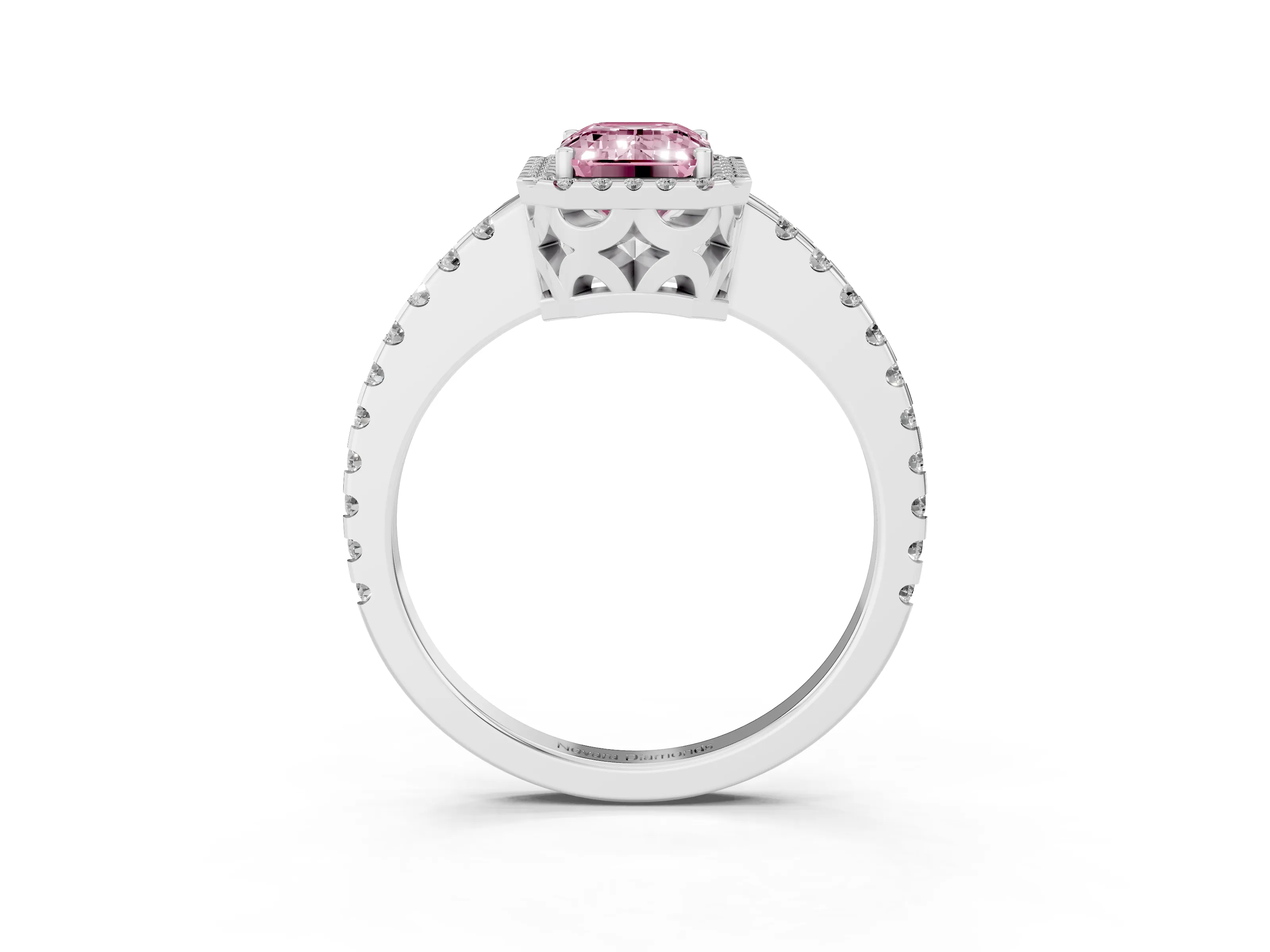 Fancy Pink Emerald Cut Diamond Halo Ring Set in White gold with Pavé Shoulders and Halo-Framed Center