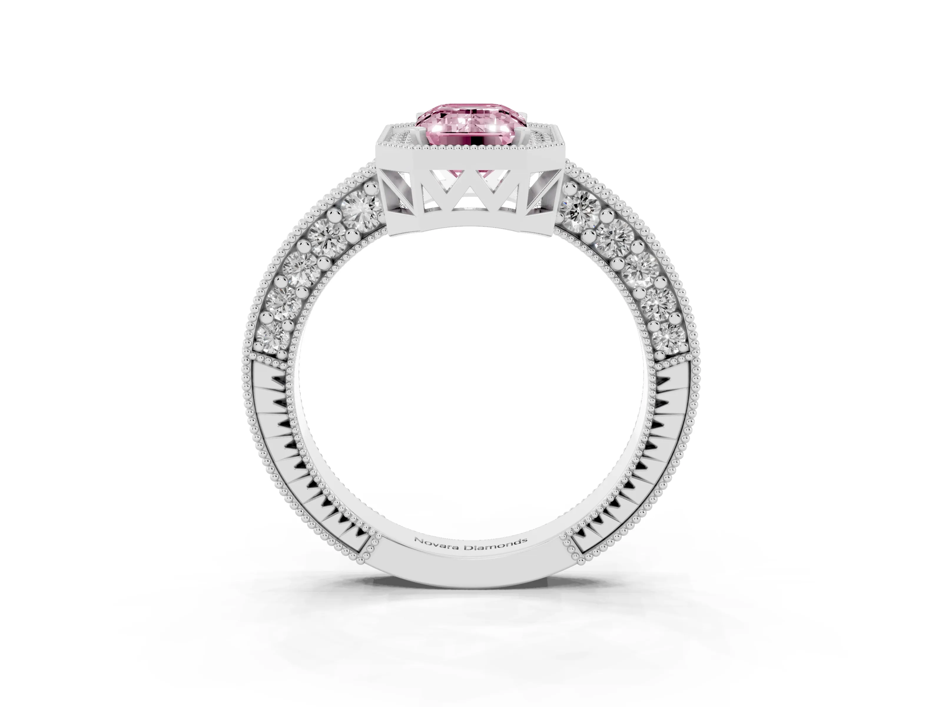 Fancy Pink Emerald Cut Diamond Halo Pavé Band Ring Set in Platinum with Prong-Set Center