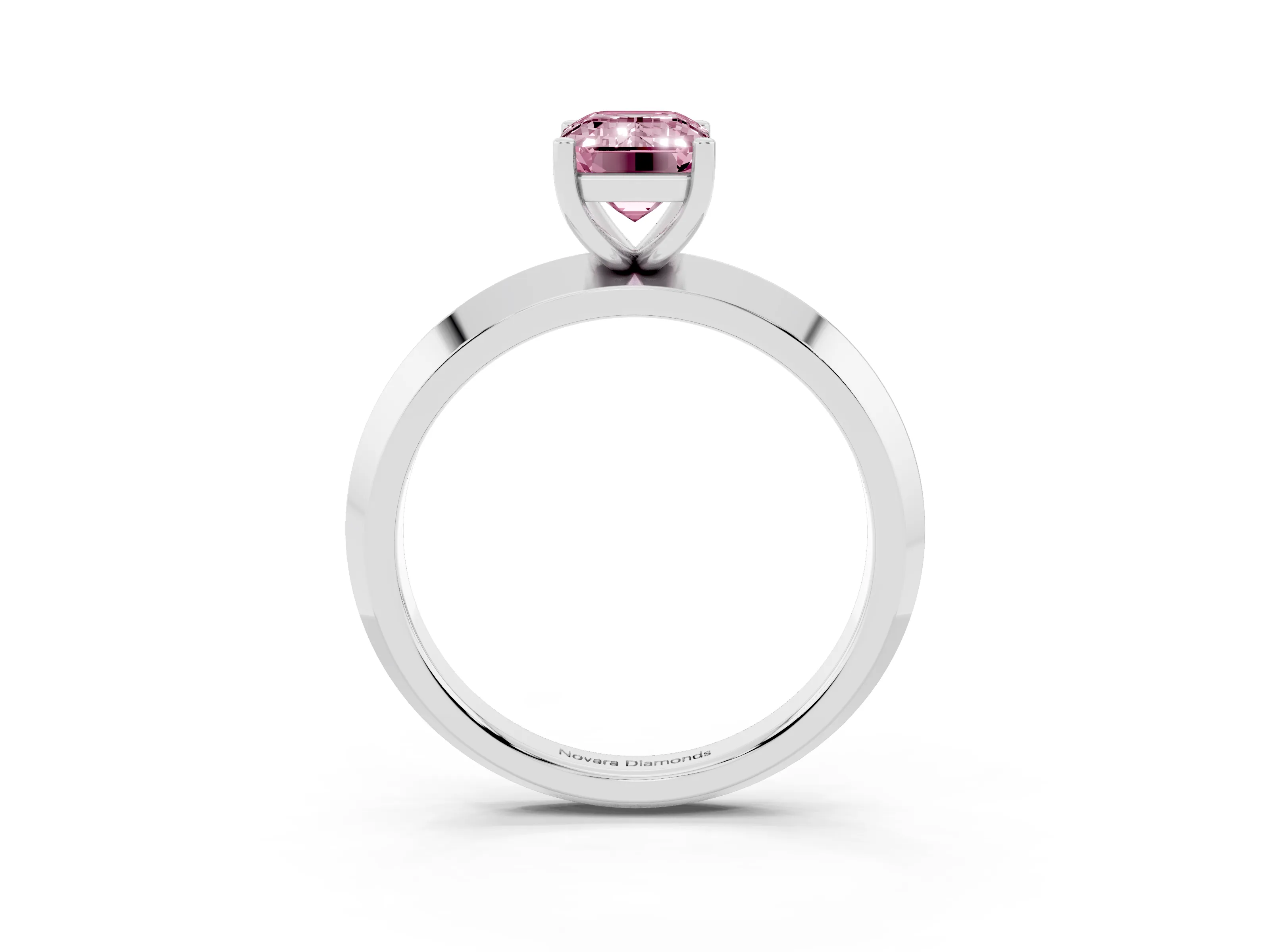 Fancy Pink Emerald Cut Diamond Solitaire Engagement Ring Set in Silver with Flat Band and Prong Setting