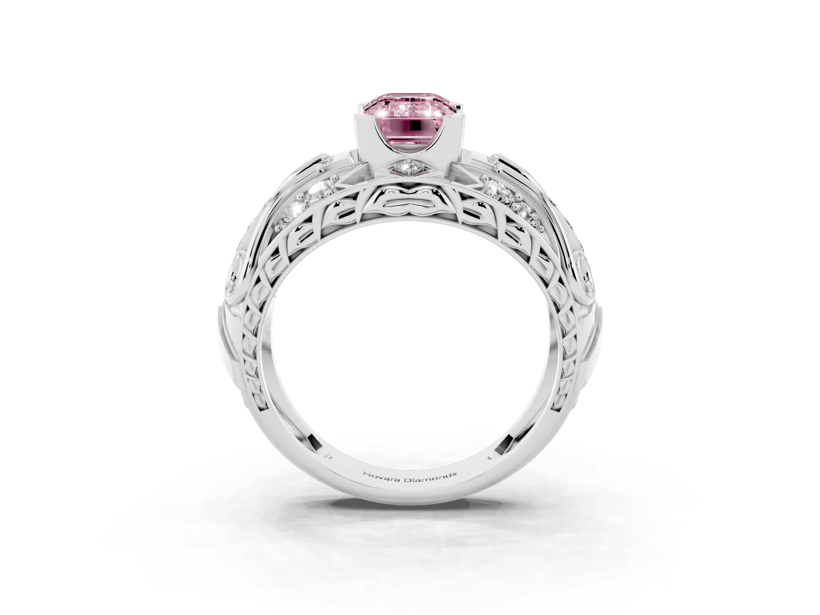 Fancy Pink Emerald Cut Diamond Art Deco Ring Set in White gold with Pavé Split Shank