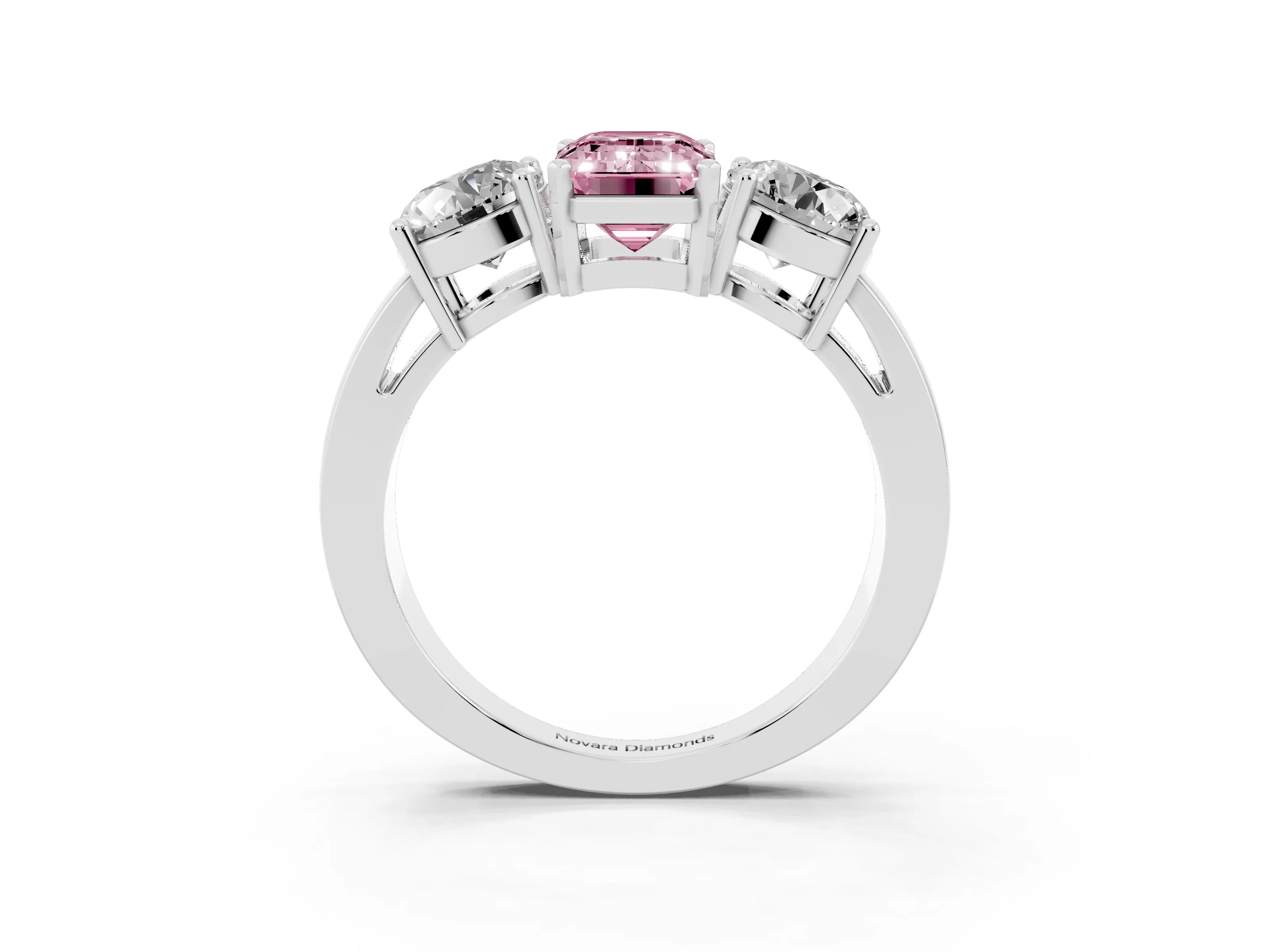Fancy Pink Emerald Cut Diamond Three-Stone Ring Set in Silver with Round Side Stones and Classic Band