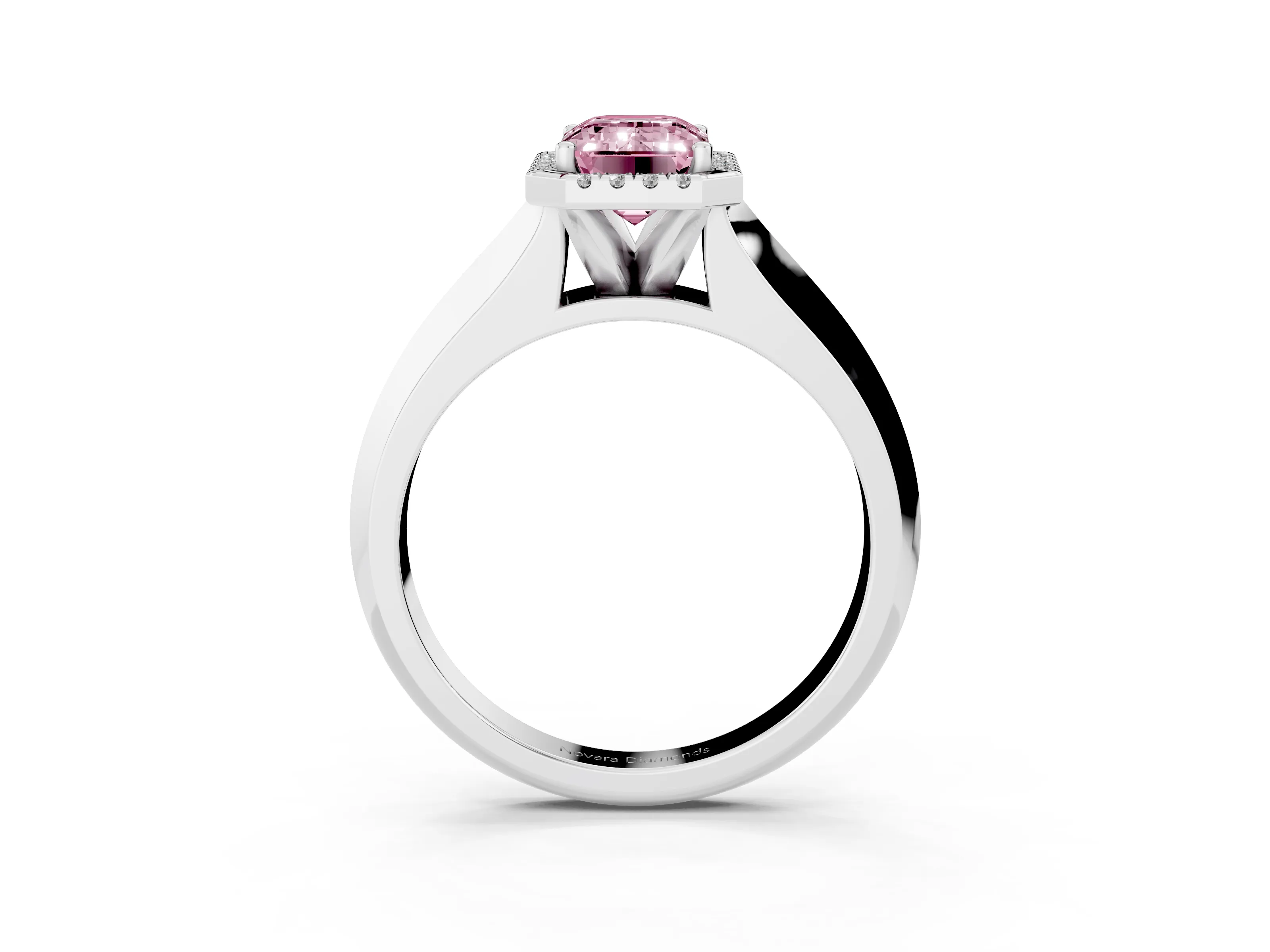Fancy Pink Emerald Cut Diamond Halo Ring Set in Platinum with Cathedral Band and Prong Setting