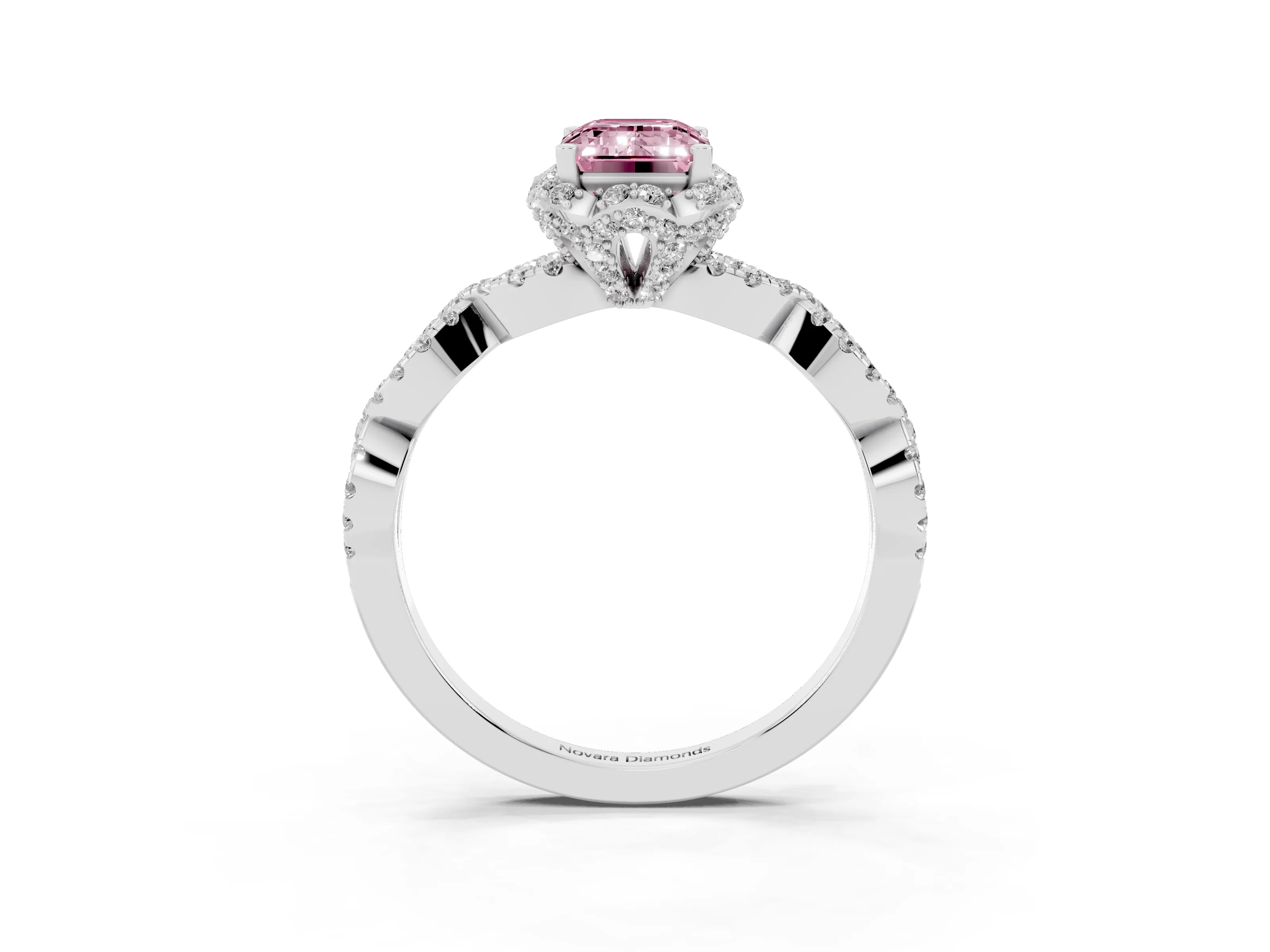 Fancy Pink Emerald Cut Diamond Halo Twist Band Solitaire Ring Set in Platinum with Prong-Set Center Stone
