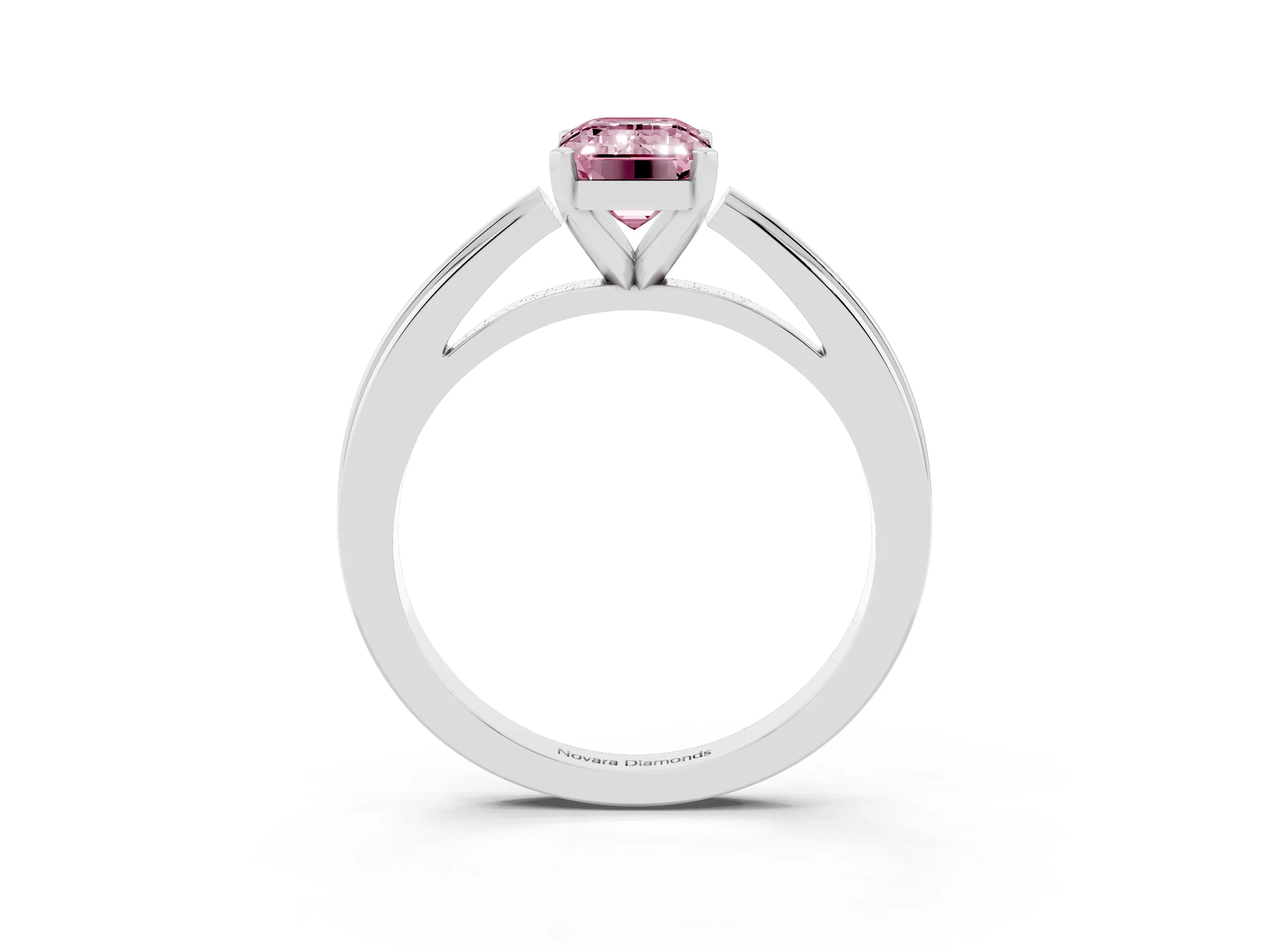 Fancy Pink Emerald Cut Diamond Solitaire Ring Set in Platinum with Prong Setting and Classic Band