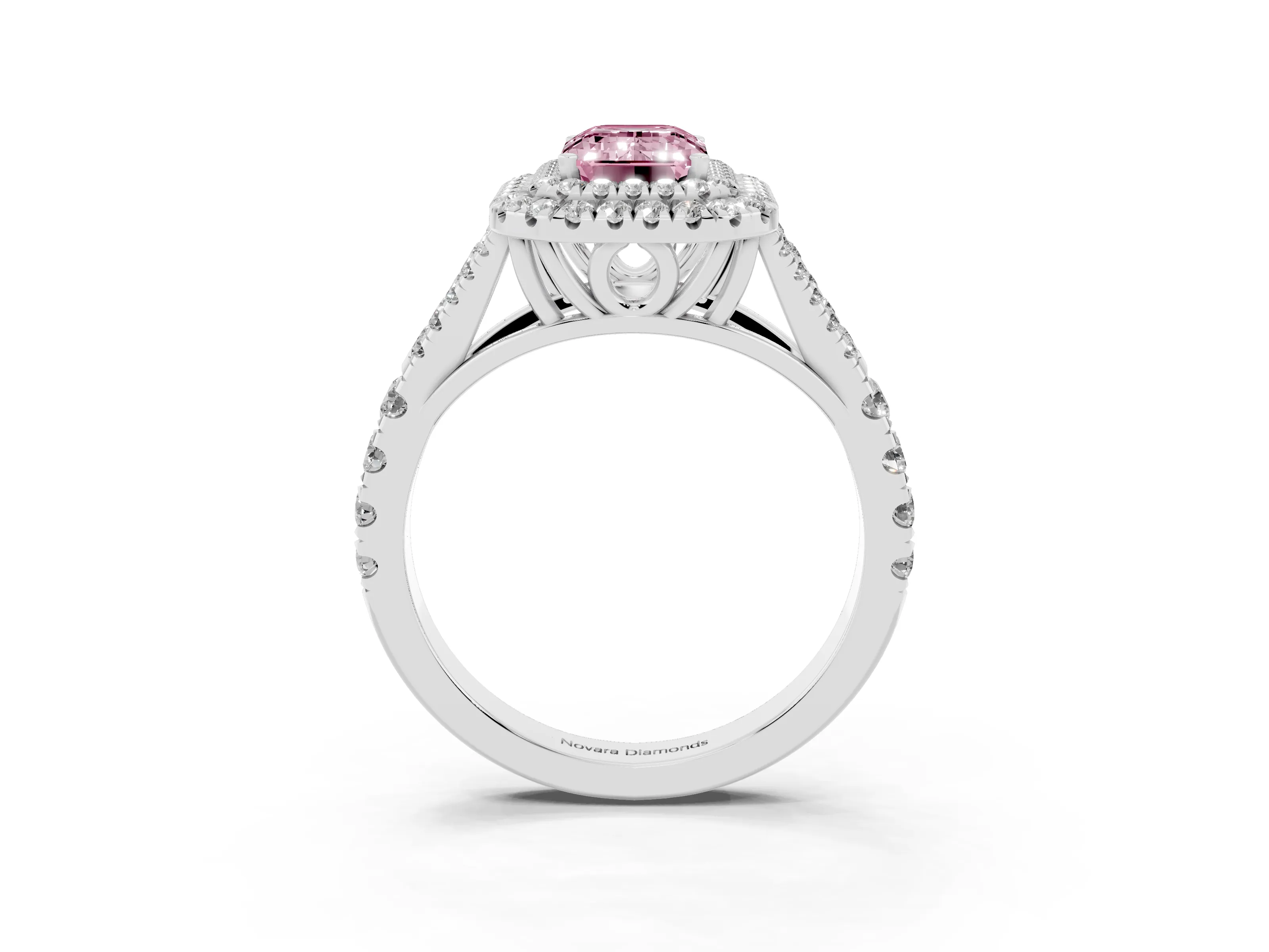 Fancy Pink Emerald Cut Diamond Pavé Split Shank Double Halo Engagement Ring Set in Silver