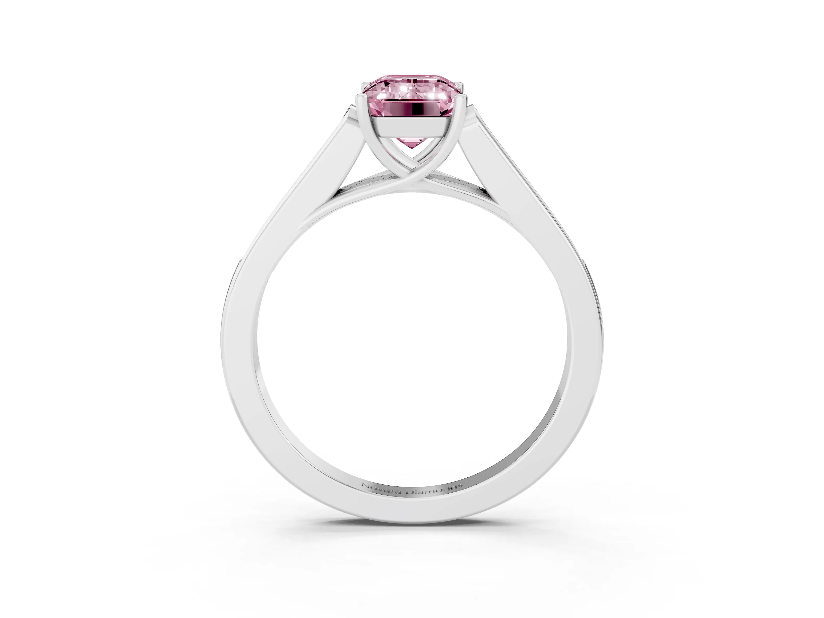 Fancy Pink Emerald Cut Diamond Solitaire Cathedral Engagement Ring Set in White gold with Channel-Set Band and Prong Setting