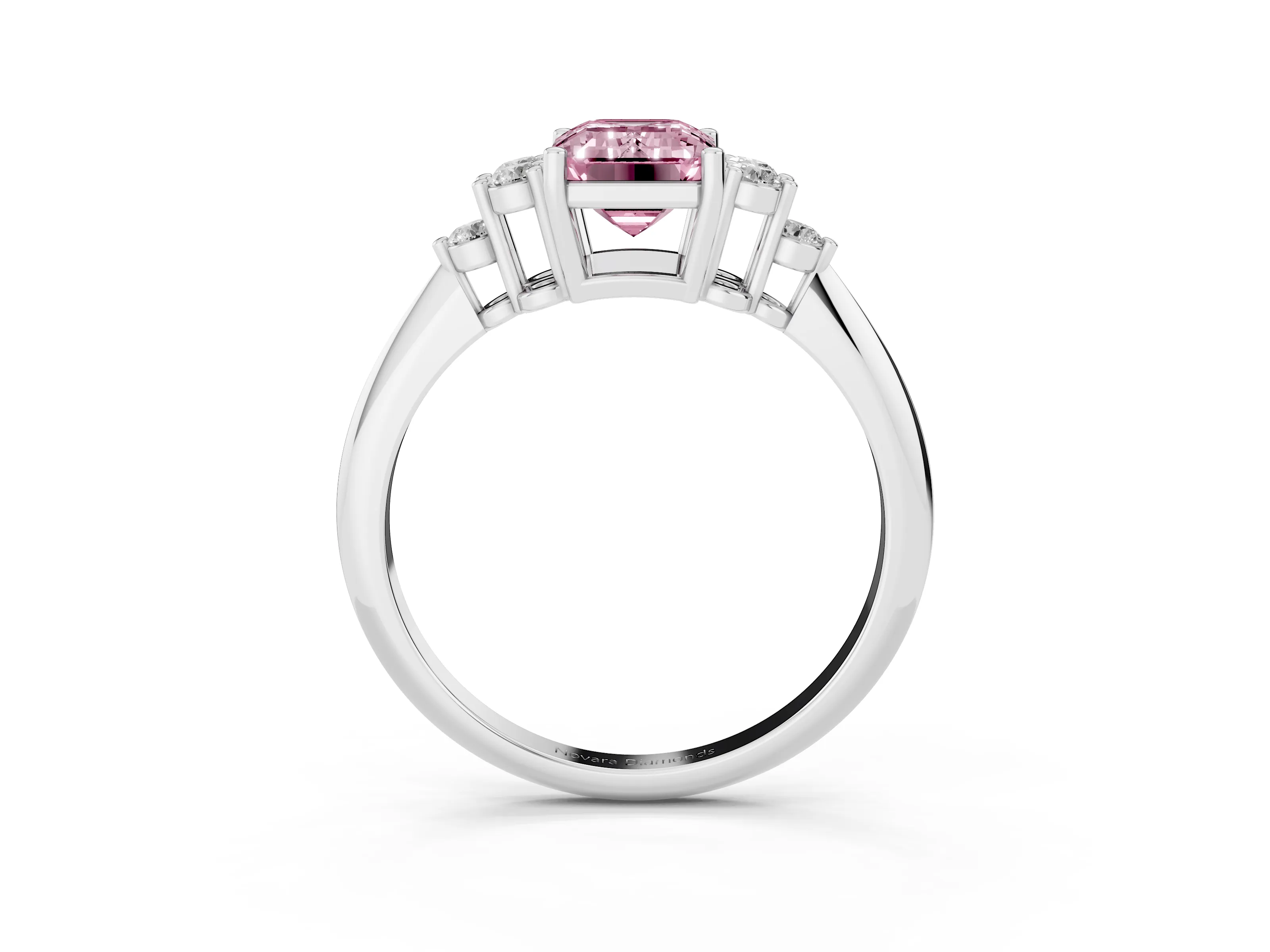Fancy Pink Emerald Cut Diamond Cluster Ring Set in Silver with Plain Band and Prong Setting